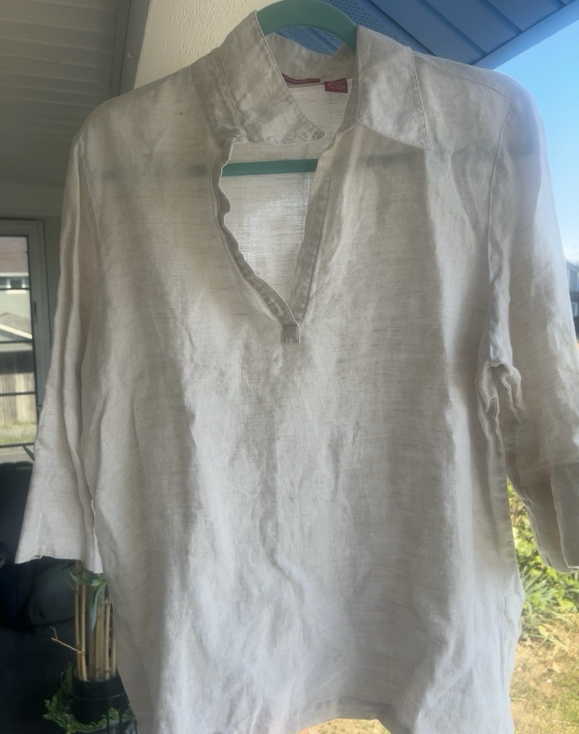Gloria Vanderbilt 100% Linen Tunic Top White Women’s L 3/4 Sleeve Collared
