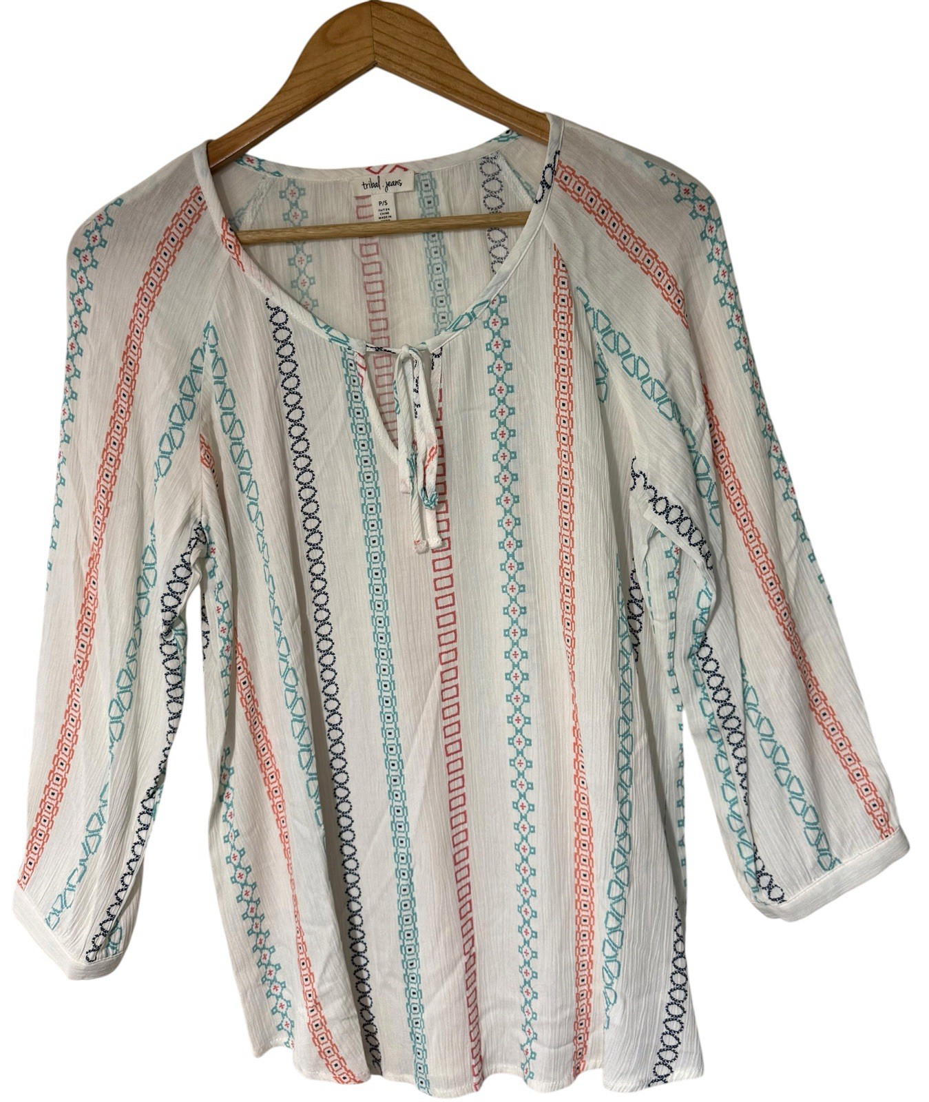 Tribal Jeans Embroidered Boho Peasant Top White Multicolor Stripe Small