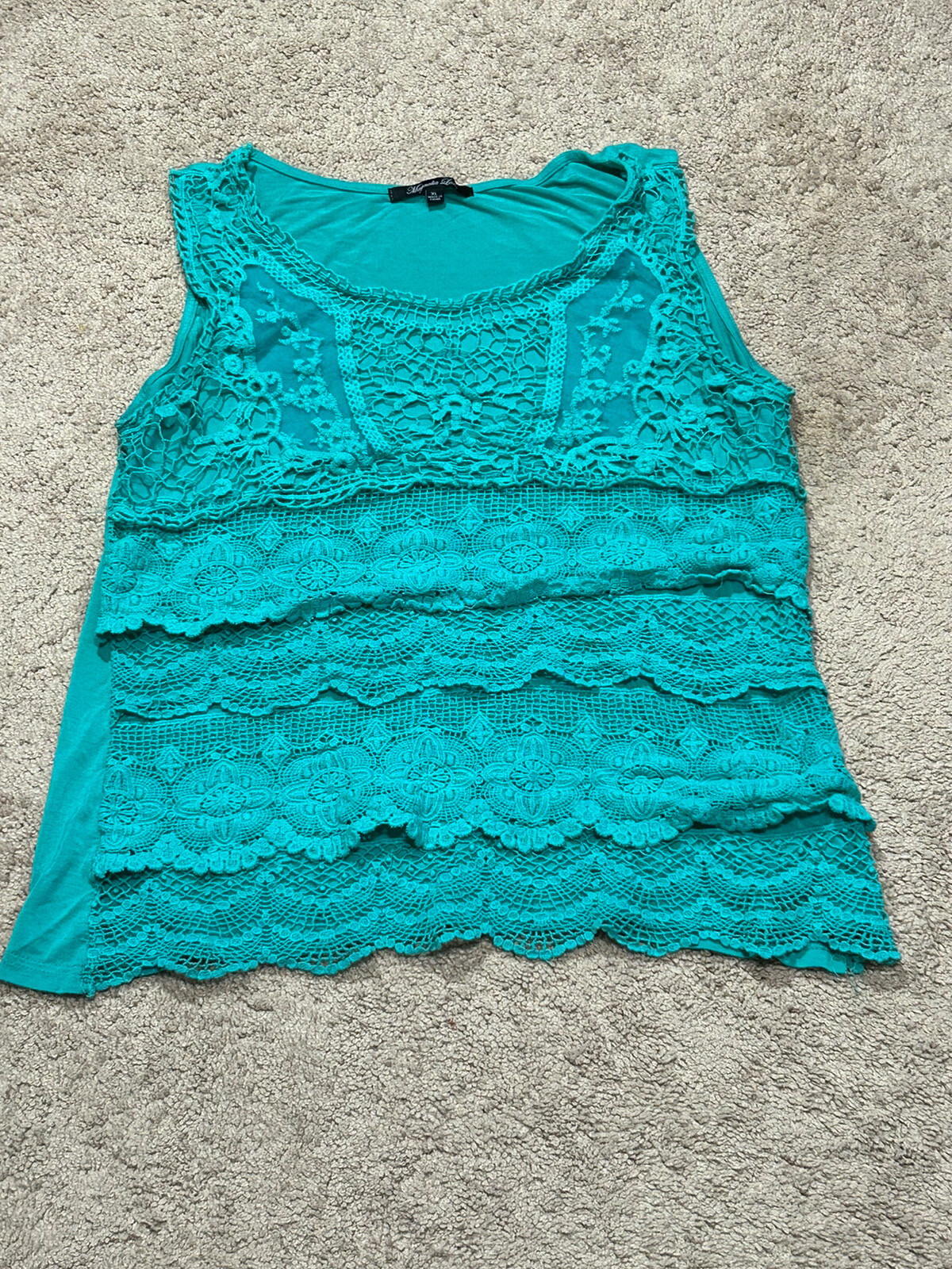Magnolia Lane Womens Shirt Size XL Teal Crochet Lace Lined Flowy Sleeveless
