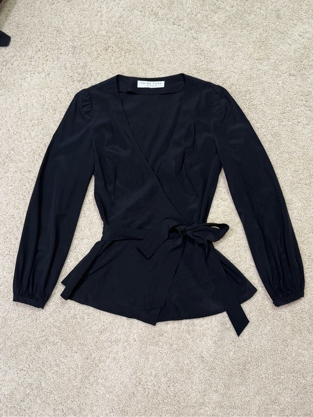 Trina Turk Silk Black Blouse Long Sleeve Wrap Top XS
