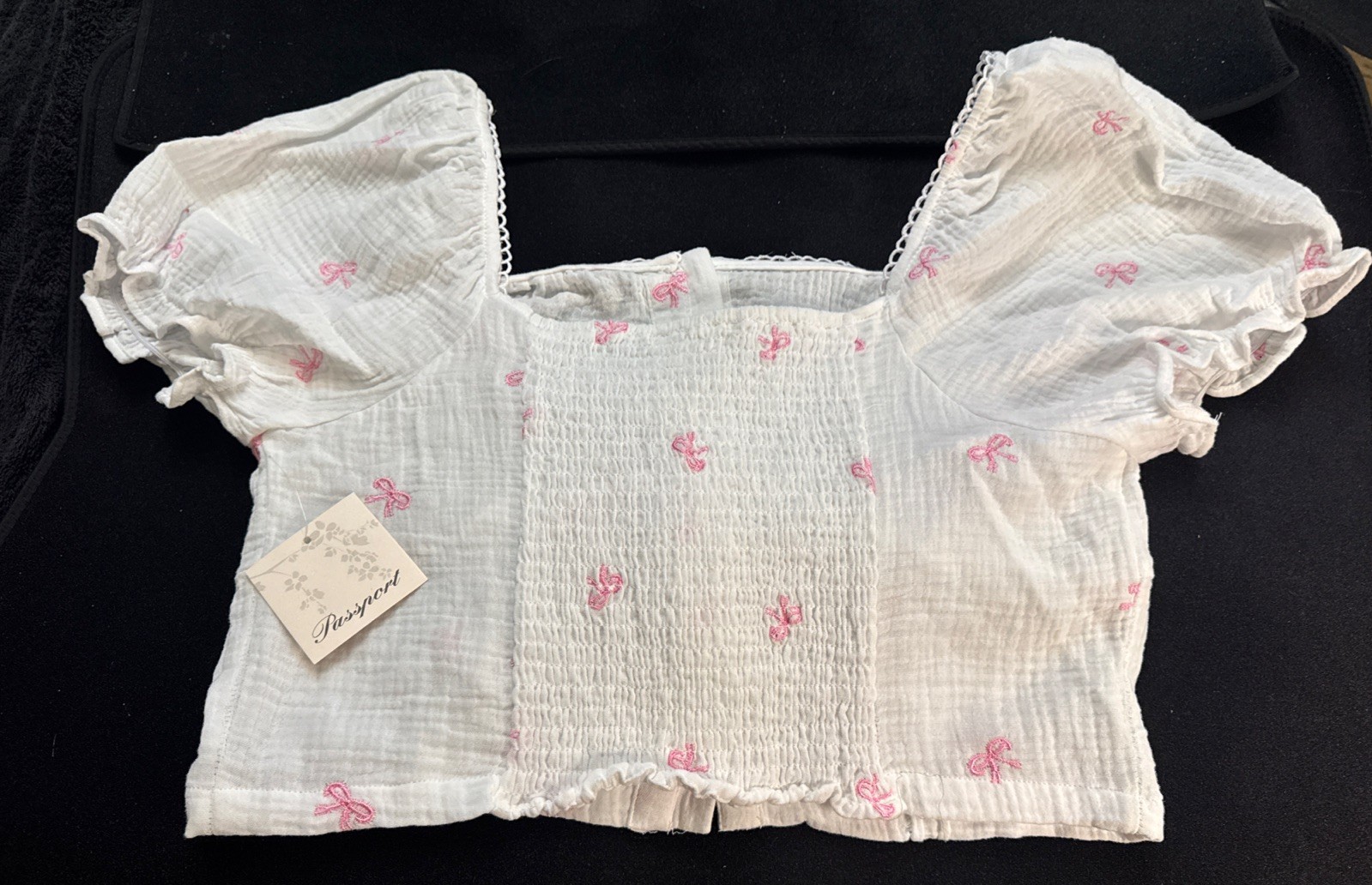 Puff Sleeve Cotton Blouse XL NWT Pink Embroidered Bow Top Cottagecore~Passport