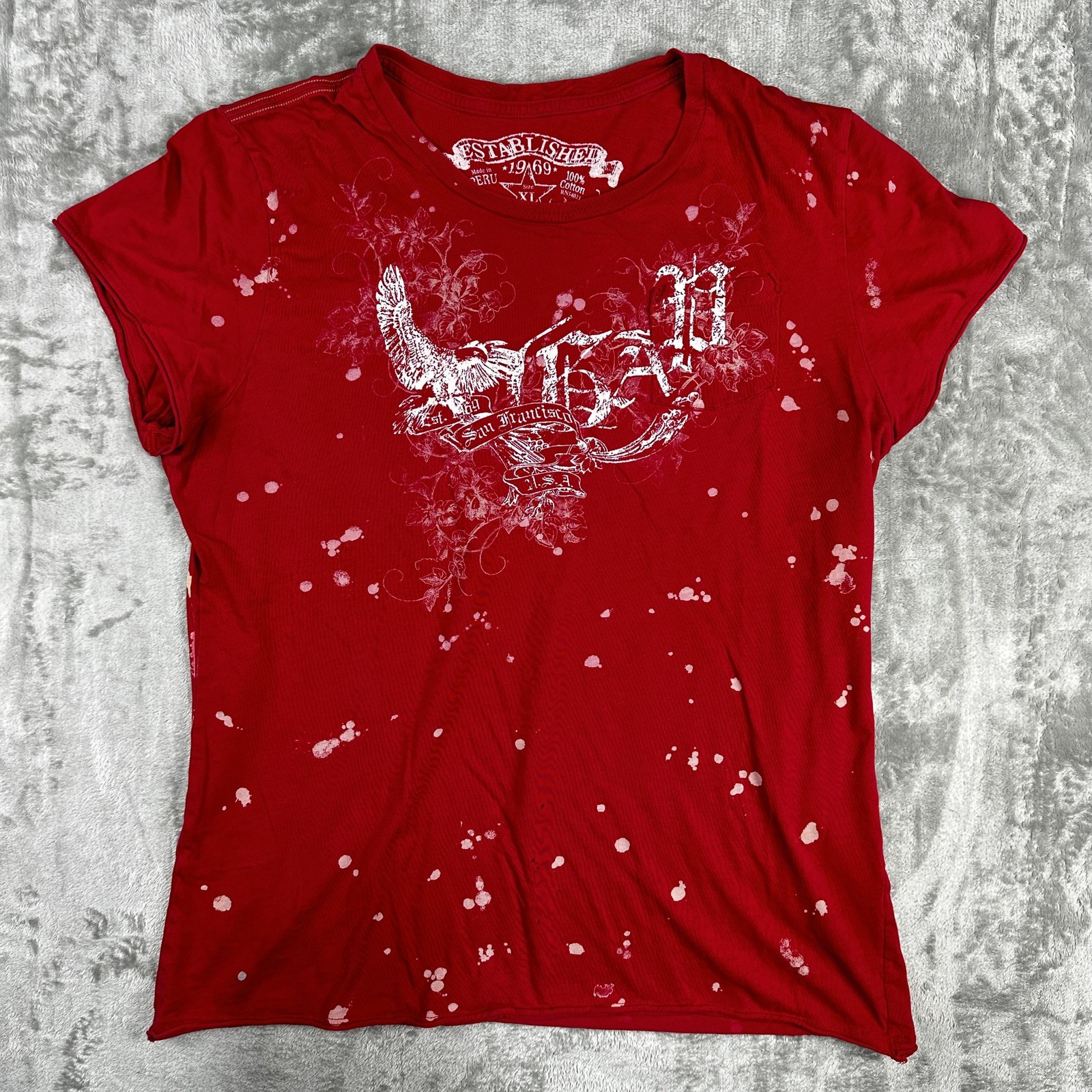 GAP 1969 Shirt Womens XL Red Graphic Bleach Splatter Eagle San Francisco Cotton