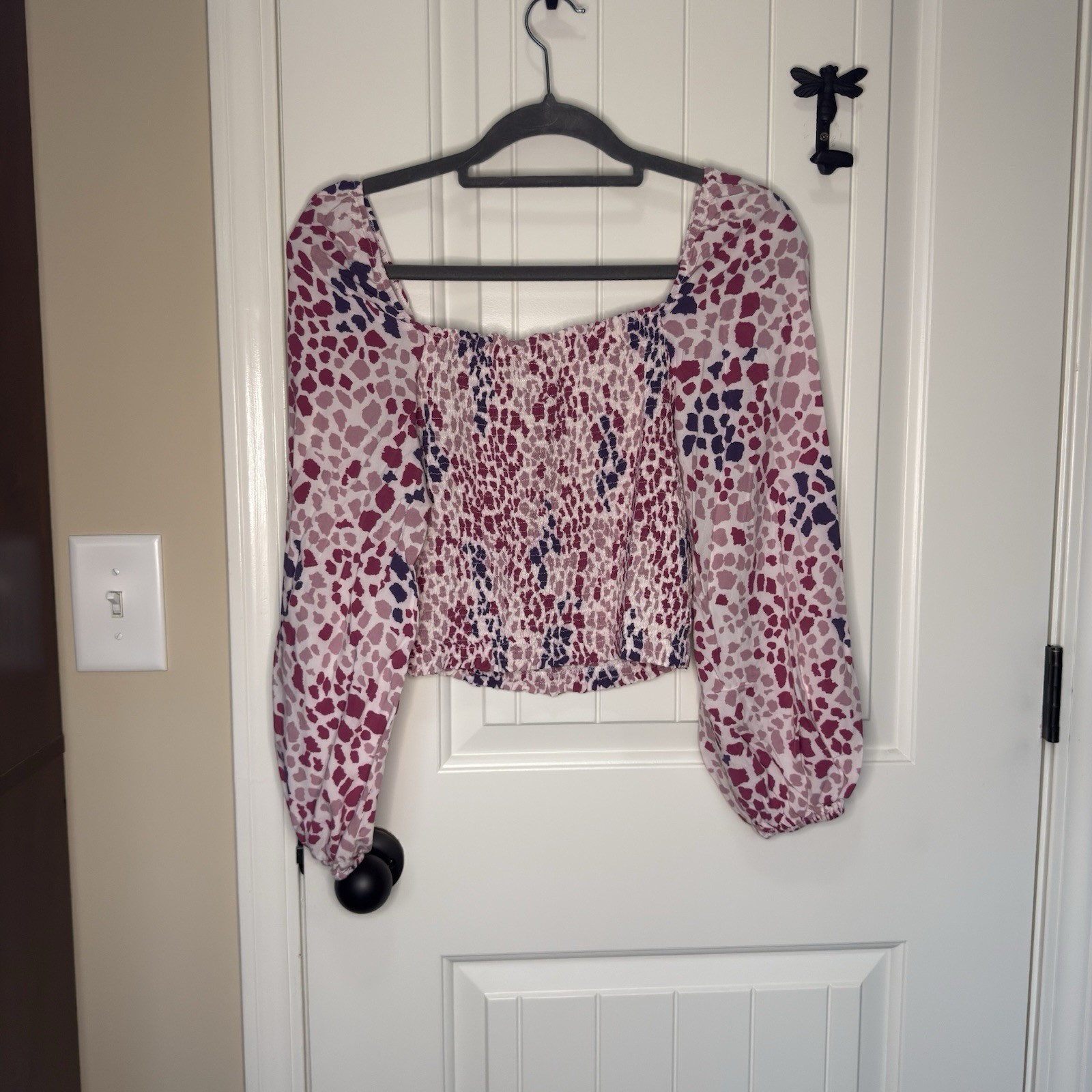 Emily Wonder Women’s Smocked Cropped Square Neck Puff Long Sleeve Blouse L