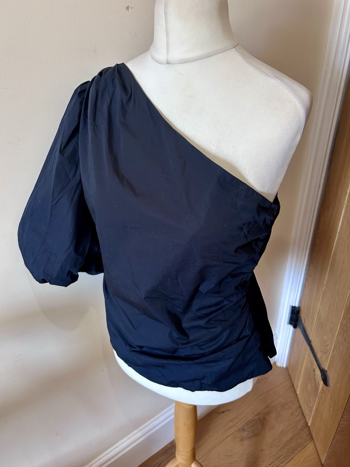 Marks And Spencer Cotton One Shoulder Puff Sleeve Top Black Size 14