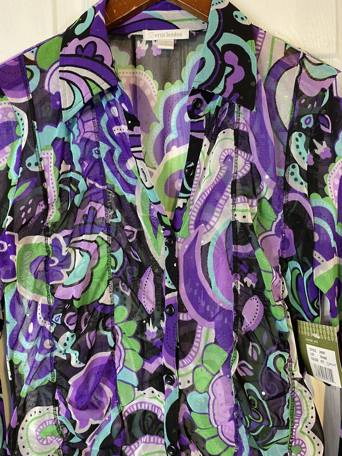 Erin London sheer size small long sleeve shirt ruched new purple green black
