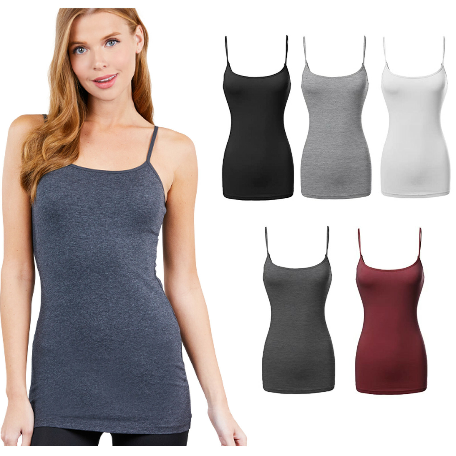 Women’s Cami Tank Top Long Layering Casual Basic Camisole Plain Plus Size S -3XL