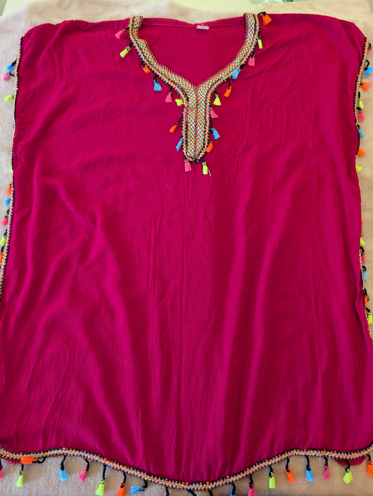 Women’s Pink Multicolor Tassel Caftan Sleeveless V-Neck Tunic Morocco Size M
