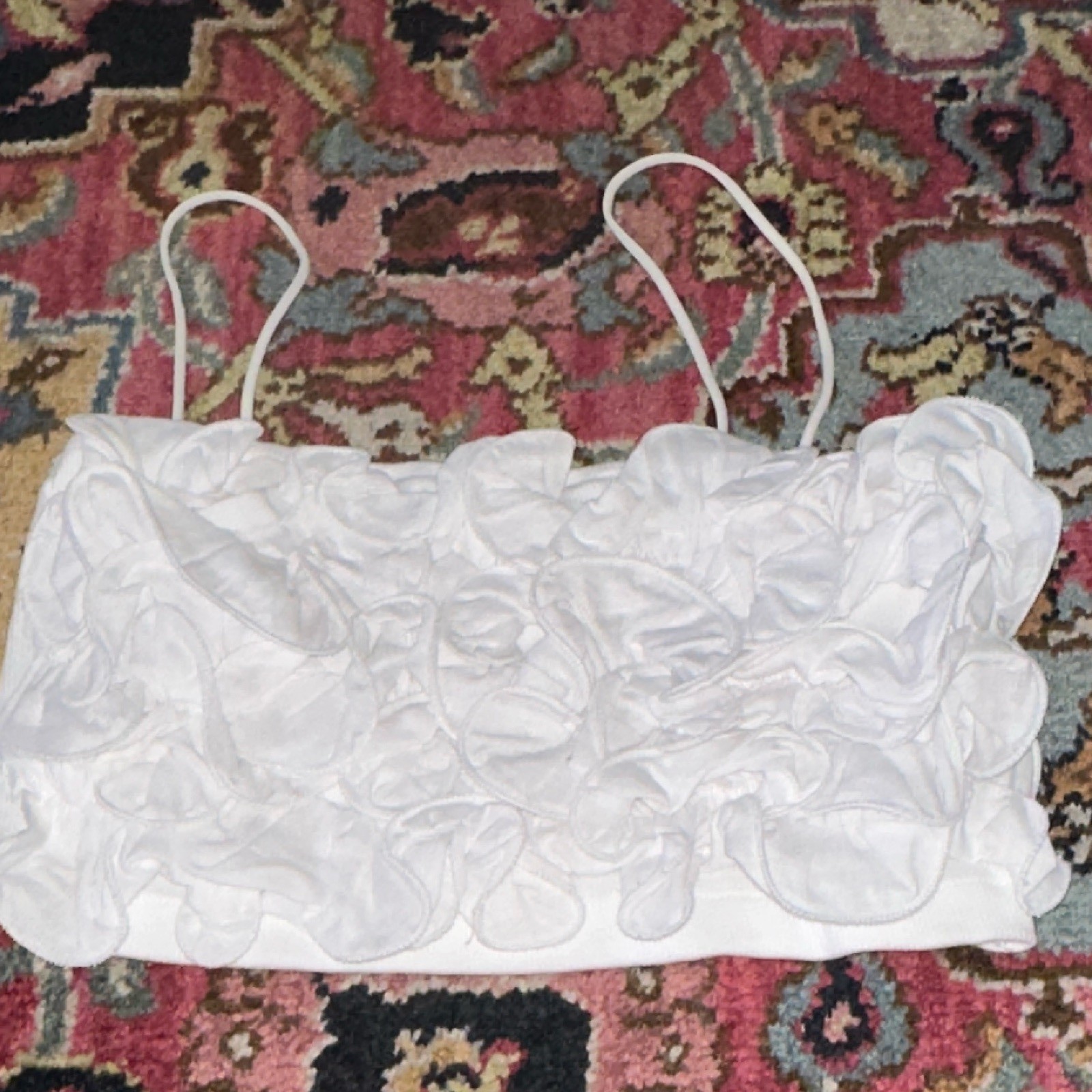 Caroline Constas White Ruffle Spaghetti Strap Ribbed Camisole Crop Top S