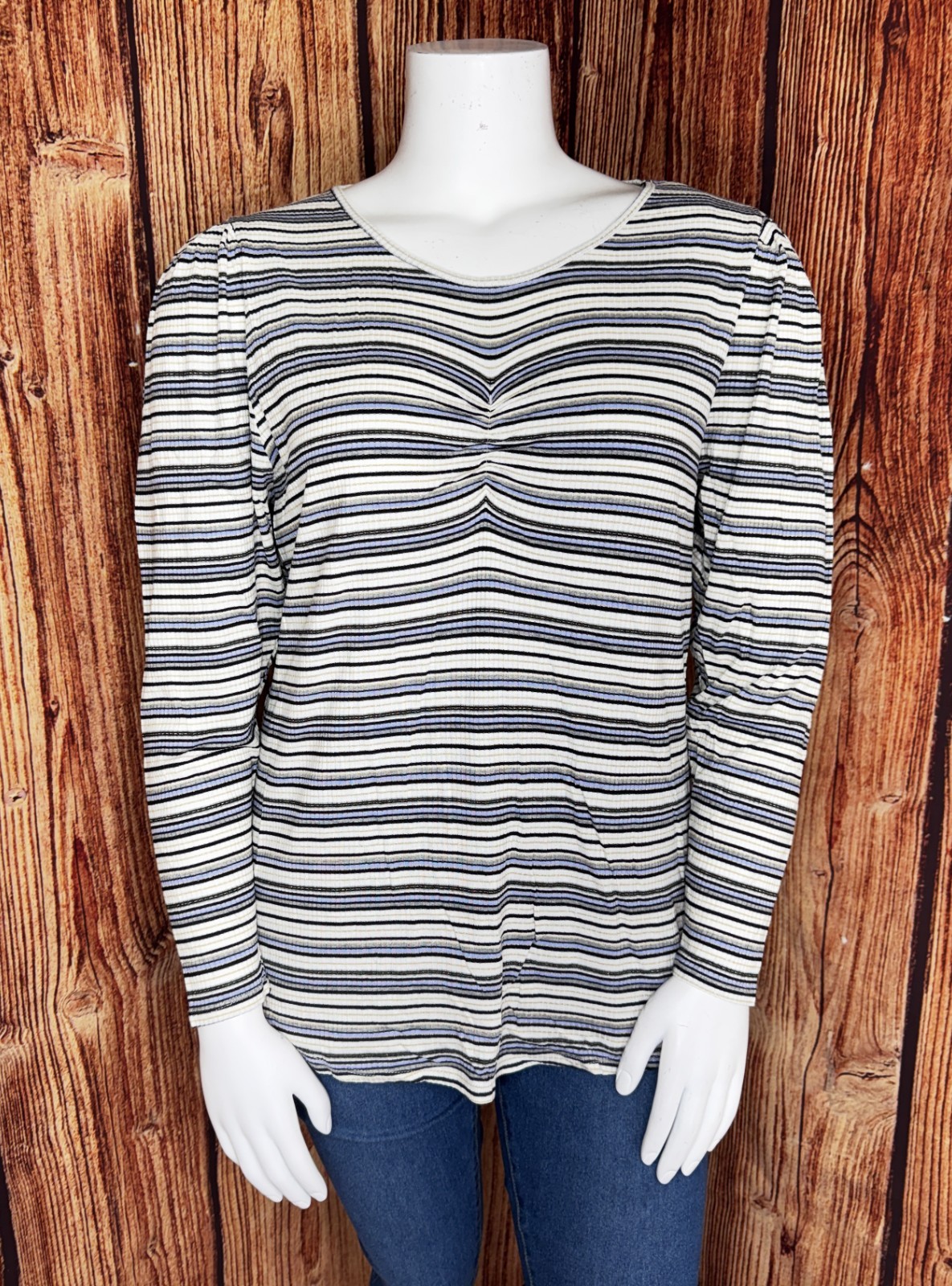 New! LANE BRYANT Women’s 18/20 Plus Blue Gray Black White Gold Lurex Striped Tee