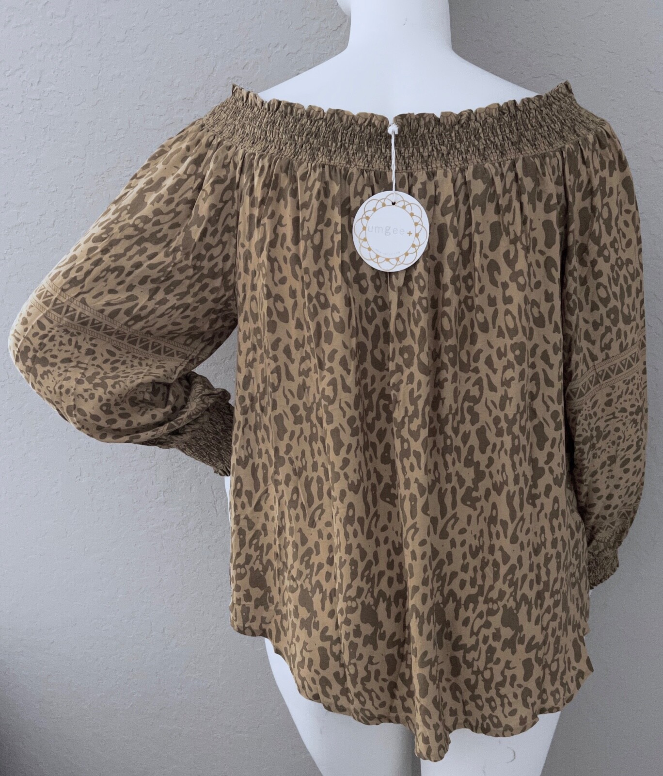 Umgee USA Animal Print On or Off Smock Shoulder Top Blouse Latte Plus XL 1XL 2XL