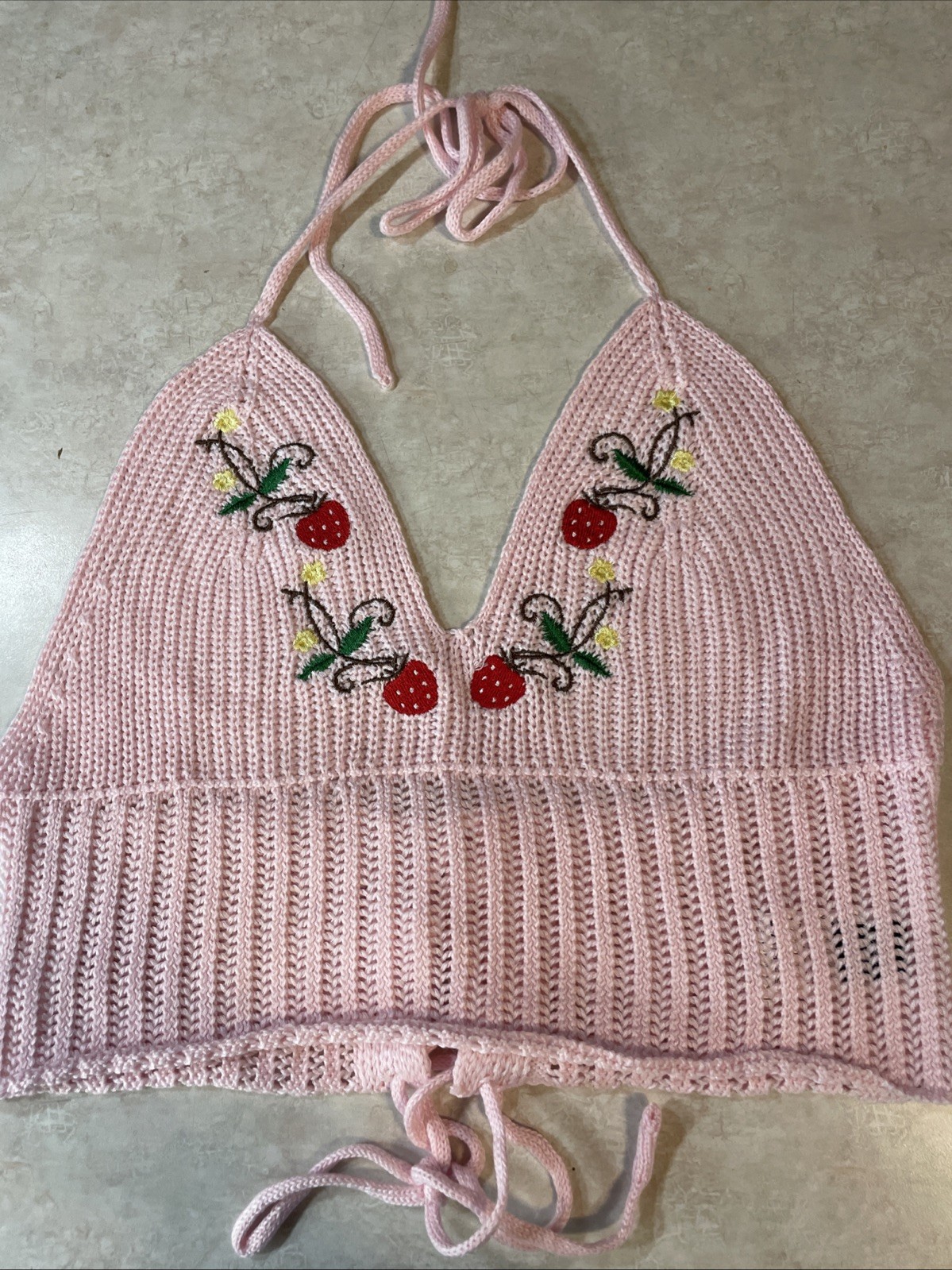Shein Curve Size OXL Women’s Pink Knit Top with Strawberry Embroidered Accents