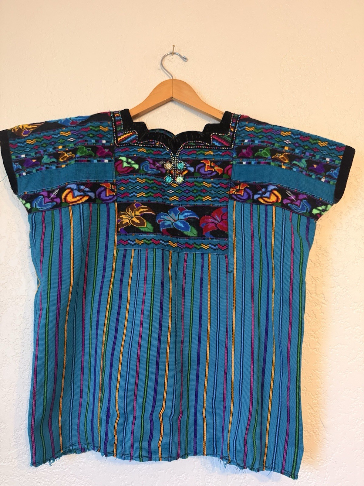 Vintage Guatemalan Huipil Chichicastenango Hand Woven Maya Tunic Top Blue