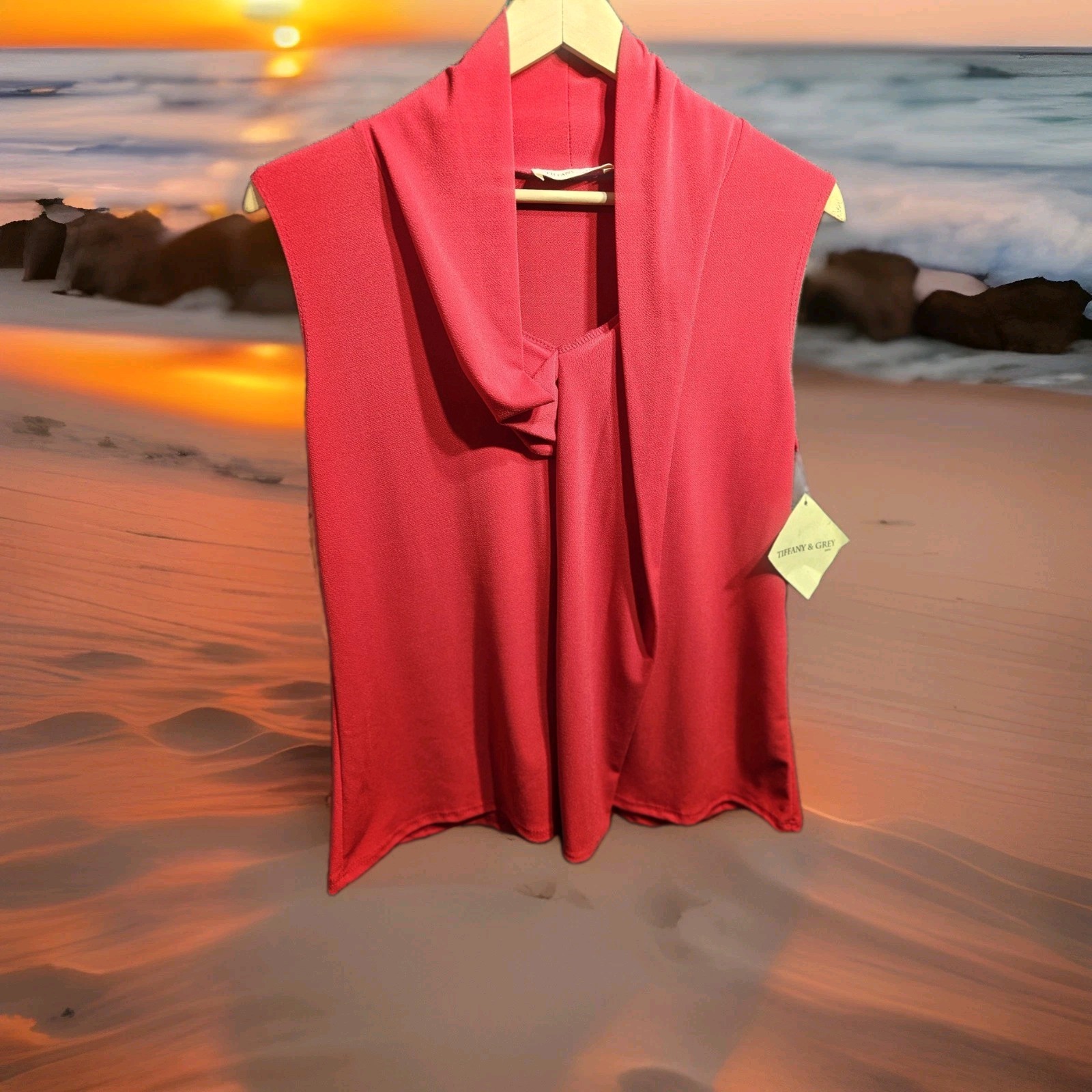 Tiffany & Grey- Womens Red Blouse V Neck Sleevesless Large