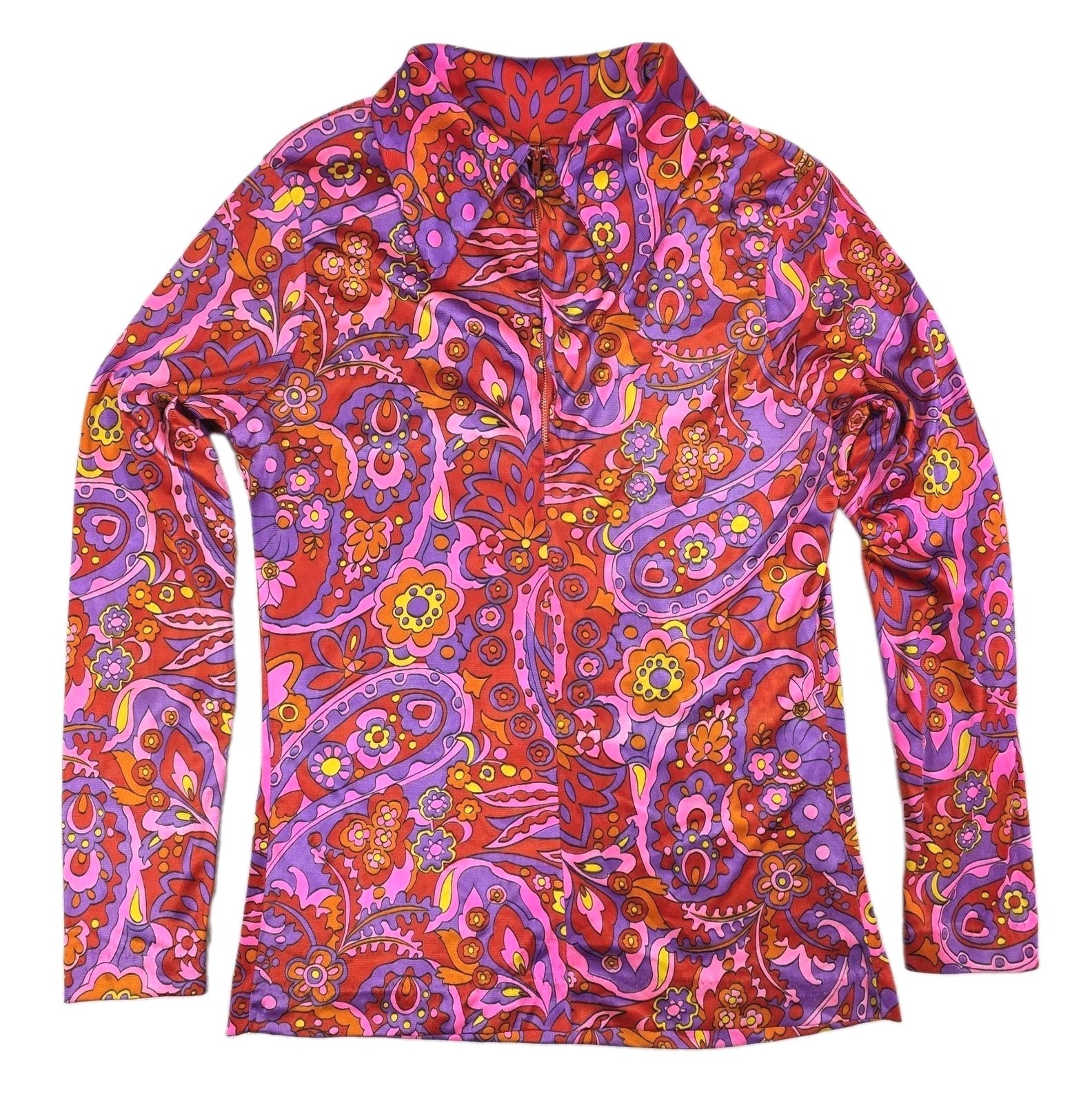 Vintage 70s Top Womens Small Pink Purple Psychedelic Paisley Quarter Zip Mod