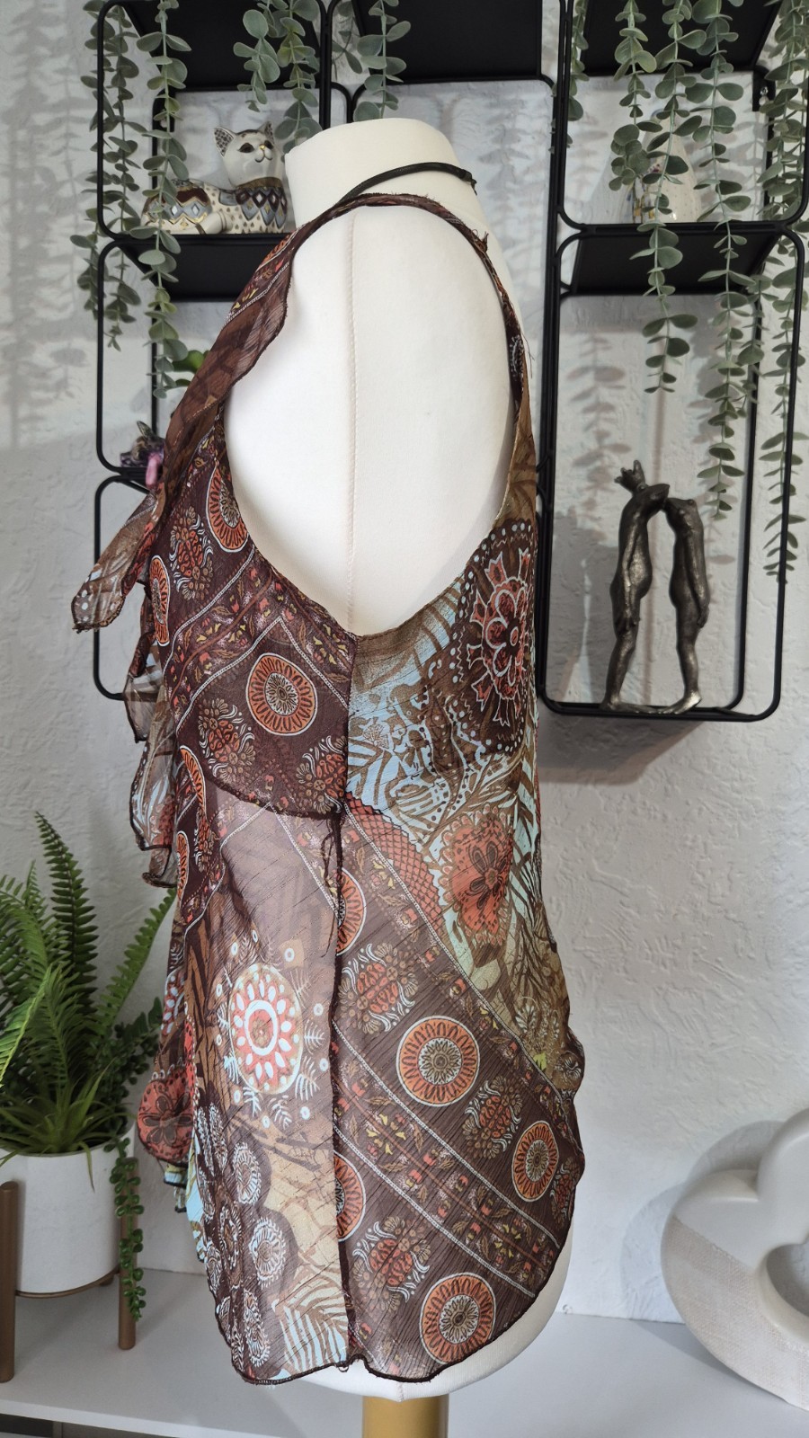 Y2K Pure Silk Sheer Ruffle Asymmetrical Top UK 10 EU 38
