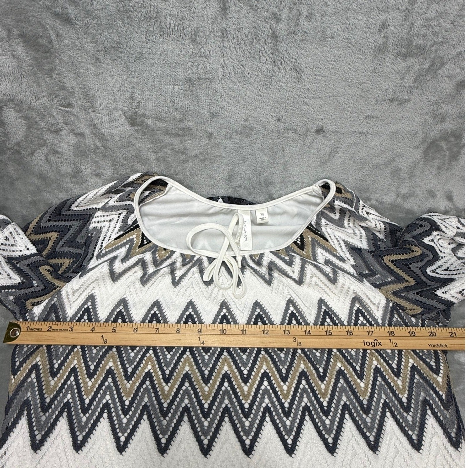 Tacera Womens Chevron Crochet Lace Bell Sleeve Top Gray Gold White Size M