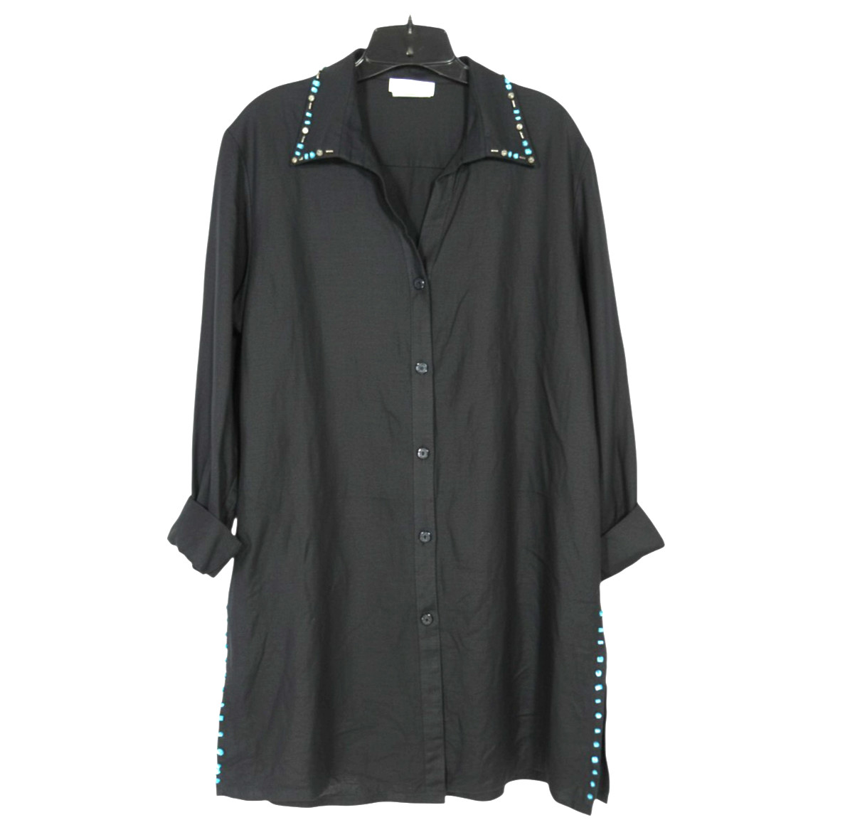 GREAT CAVALIER Black LINEN BLEND Button TURQUOISE/BEADED TRIM Tunic/Blouse Sz M