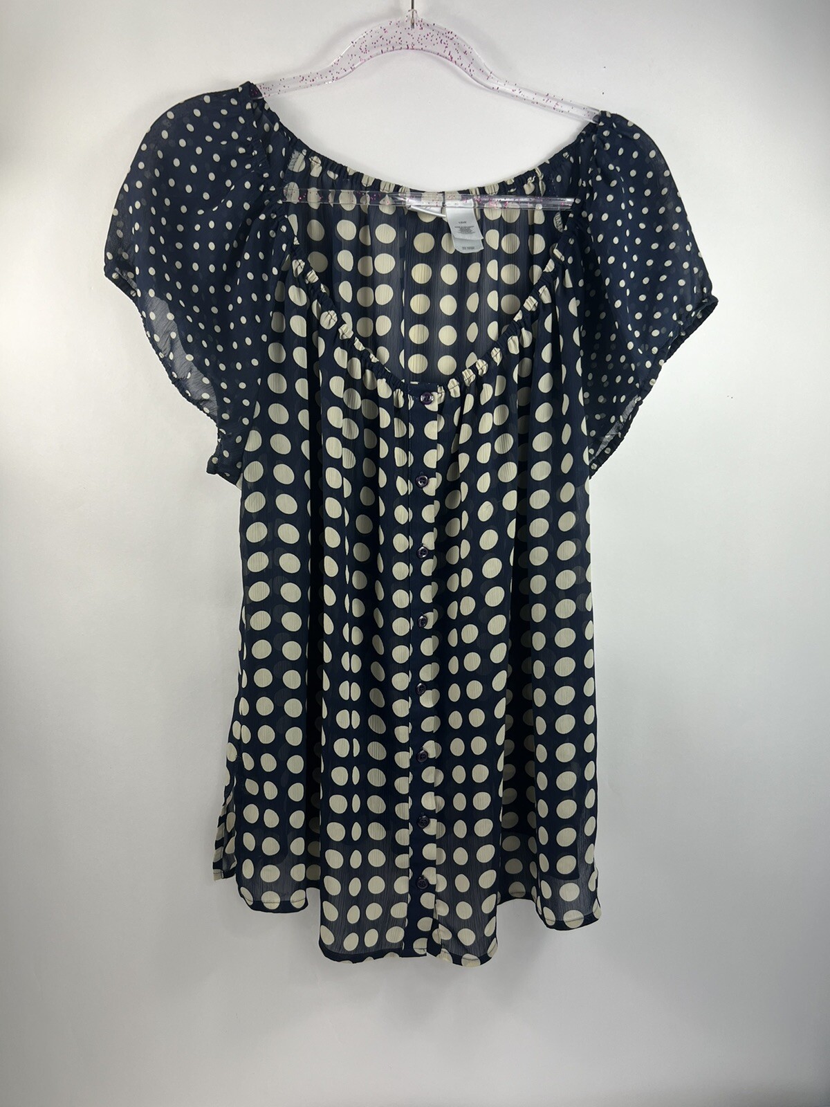 Emma James Woman Blouse Women’s Sz 18W Navy Blue Tan Polka Dots Sheer