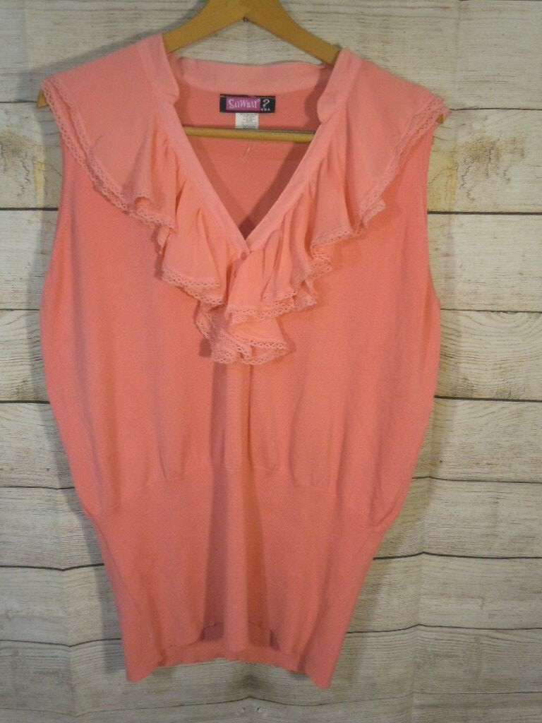 New Say What Salmon Ruffle knit Top Size 3X Beautiful Ruffle Front Sleeveless