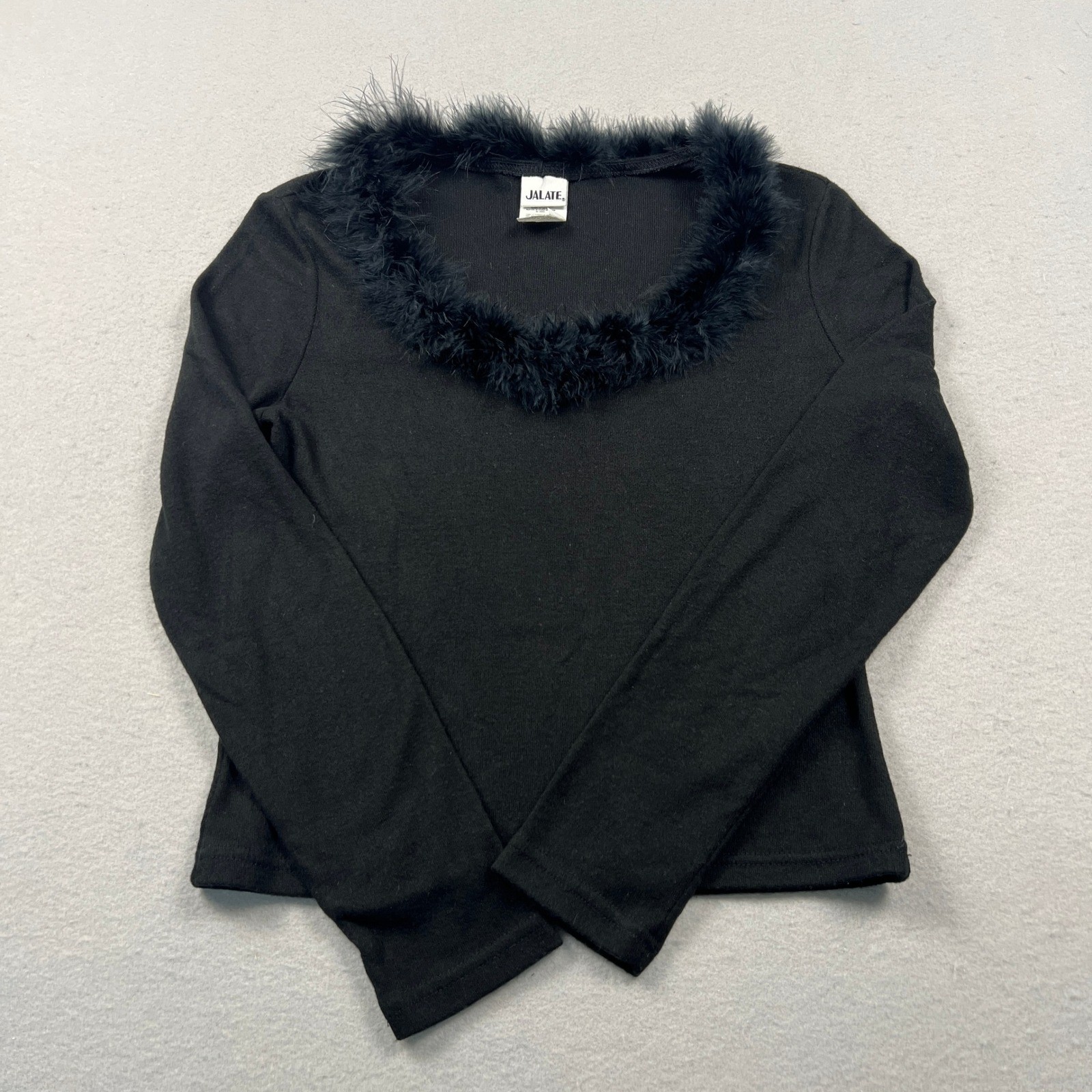VTG 90s Y2K Black Faux Feather Trim Top Womens Large V-Neck Goth Coquette