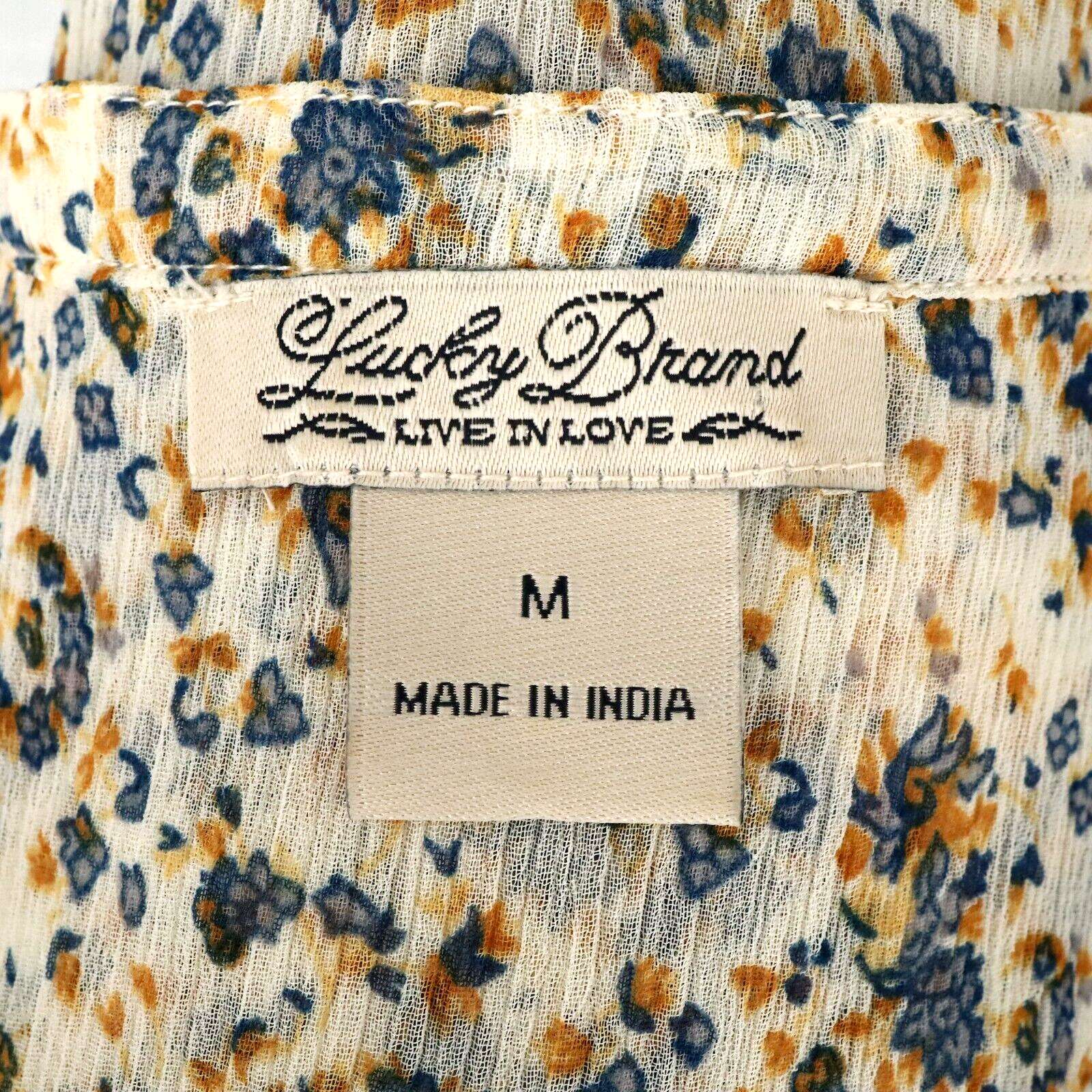 Lucky Brand Top Womens Medium Beige Blue Floral Sheer Chiffon Blouse Whimsy