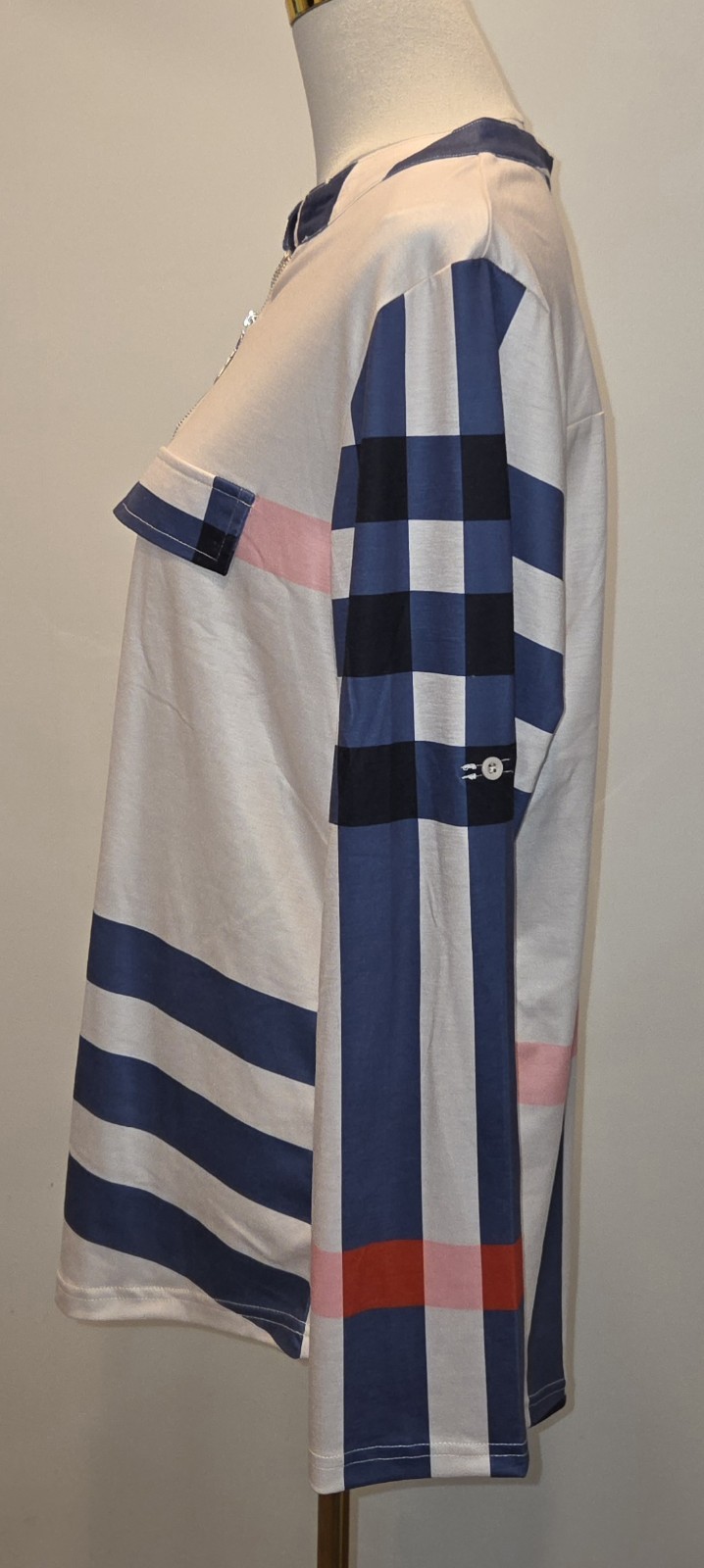 NWT Moyabo Women’s L Quarter Zip Tunic Top Plaid Striped Preppy Career Office