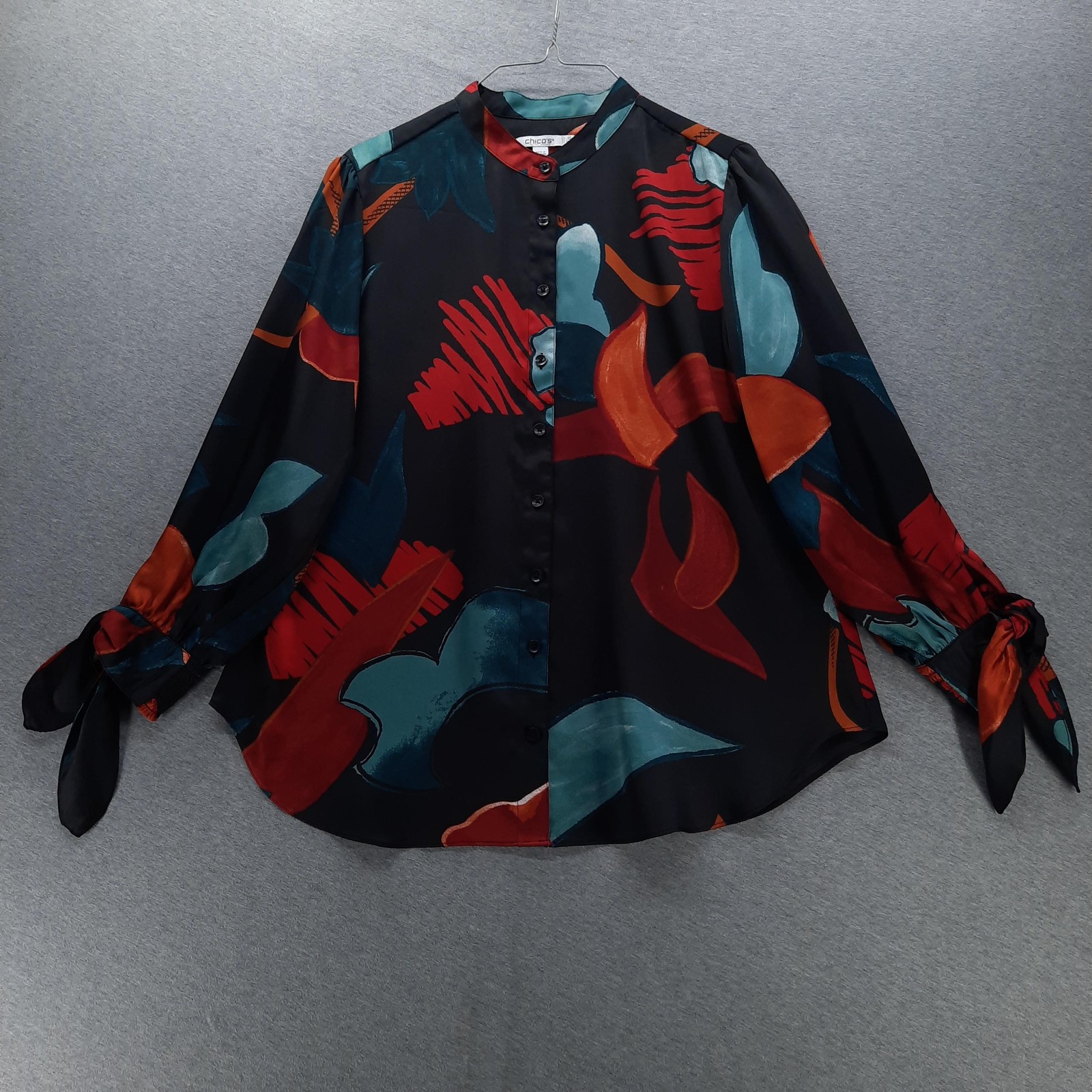 Chicos Blouse Womens 1.5 US M 10 Multicolor Floral Collared Tie Cuff Satin Top