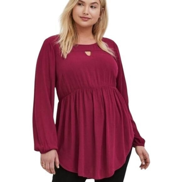 Torrid Berry Wine Babydoll Tunic Top Keyhole Neck Long Sleeve Plus Size 1 1X