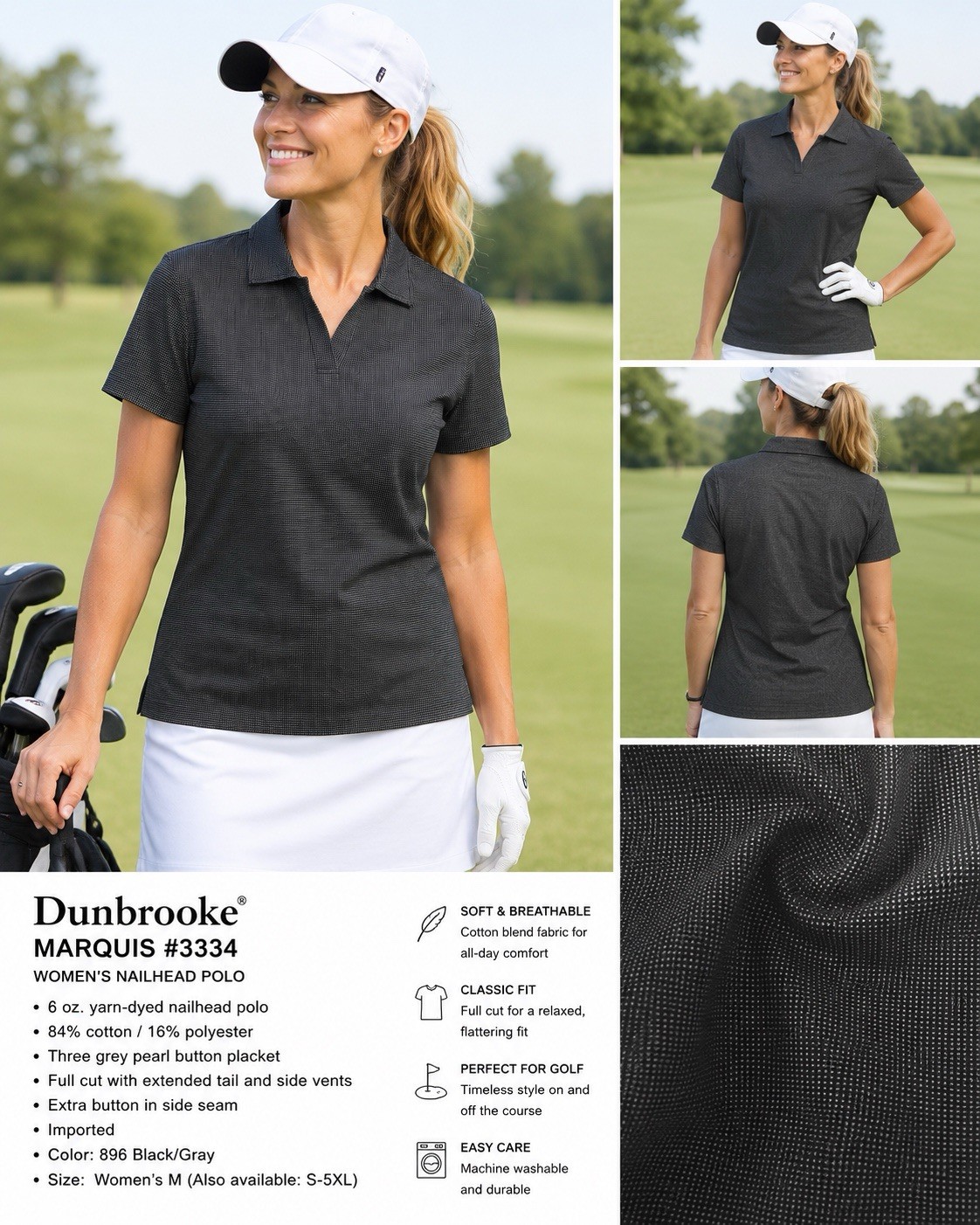 Dunbrooke Women’s Medium Marquis Black Gray Nailhead Polo Shirt NWT M