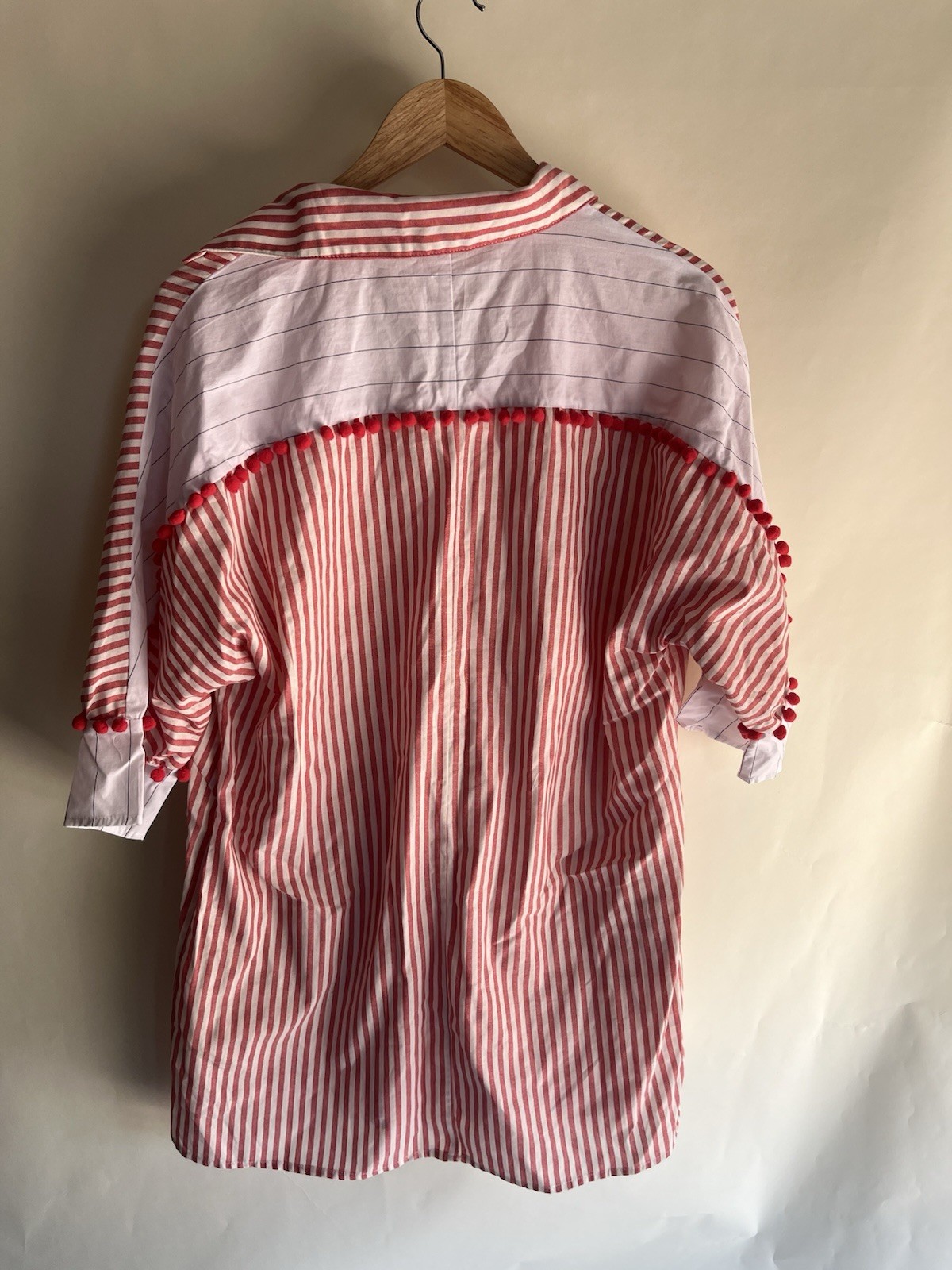 Cotton Bleu Shirt Striped Popover Red White Collared Sz Med Pom Poms