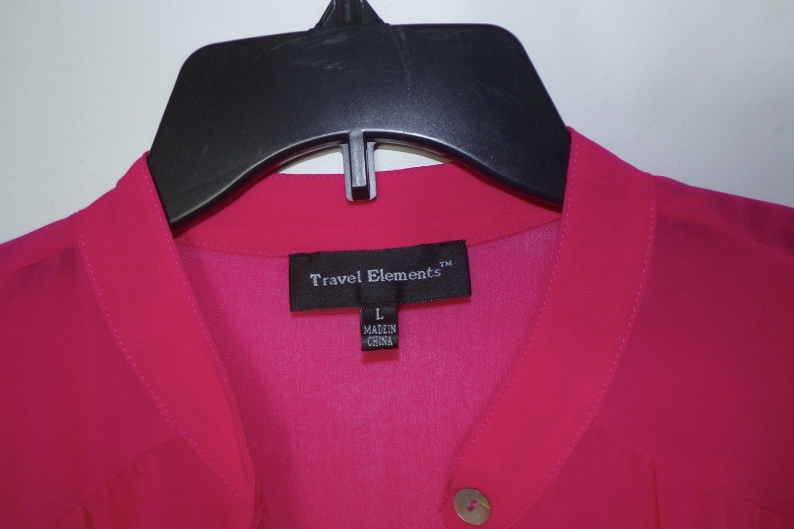 Womens Sz L Travel Elements Bright Fuchsia Hot Pink Semi Sheer Top Blouse Shirt