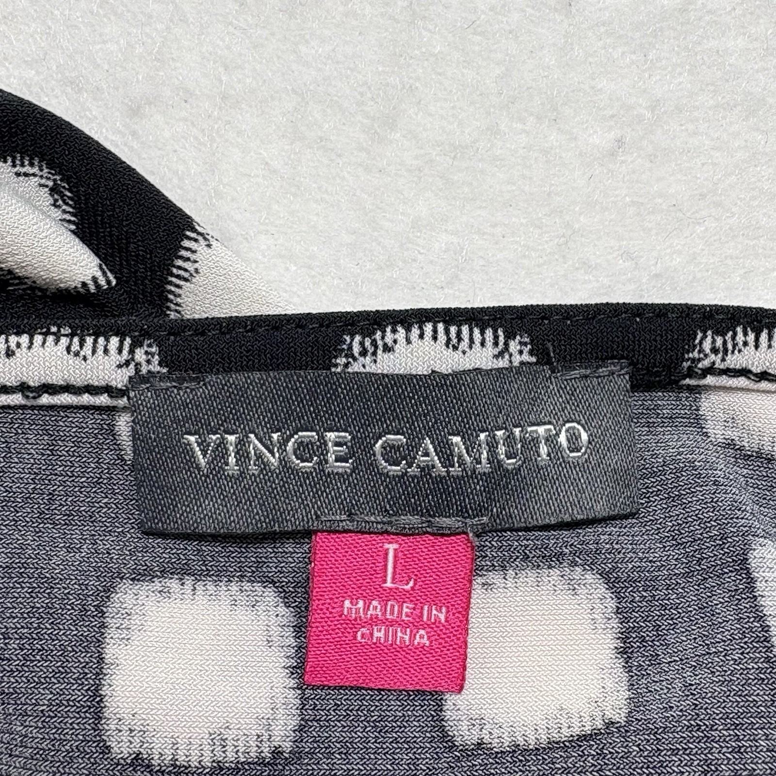 VINCE CAMUTO Women Ruched Twist Front 3/4 Sleeve Check Top Sz L Black White 1-29