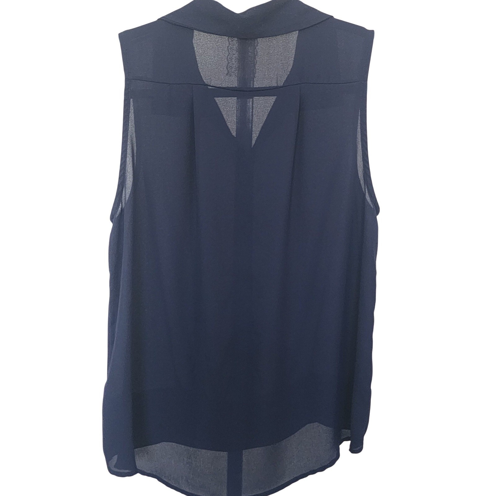 Mauve Navy Blue Sleeveless Button Down Soft Chiffon Blouse Hi-Low Hem L Capsule