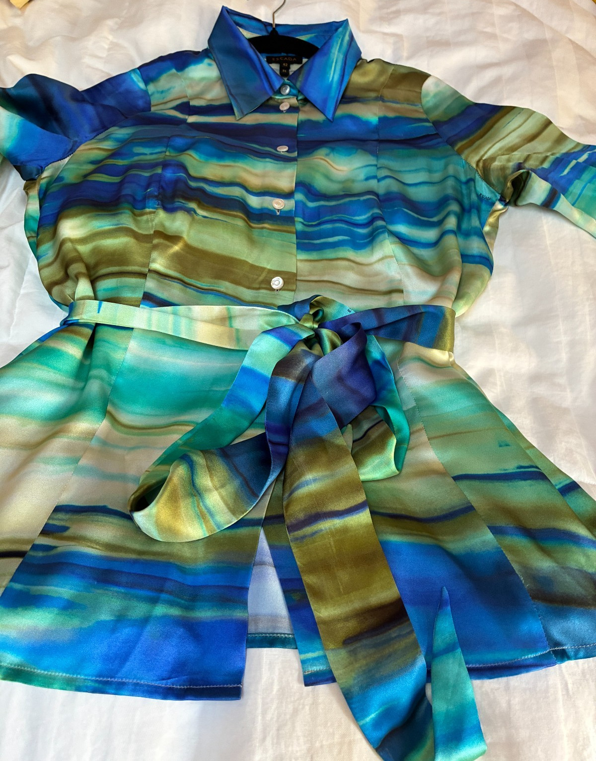ESCADA SILK BLOUSE IN BLUE AQUA GREEN LONG SASH OR TIE FITTED 42 FITS 8 GERMANY