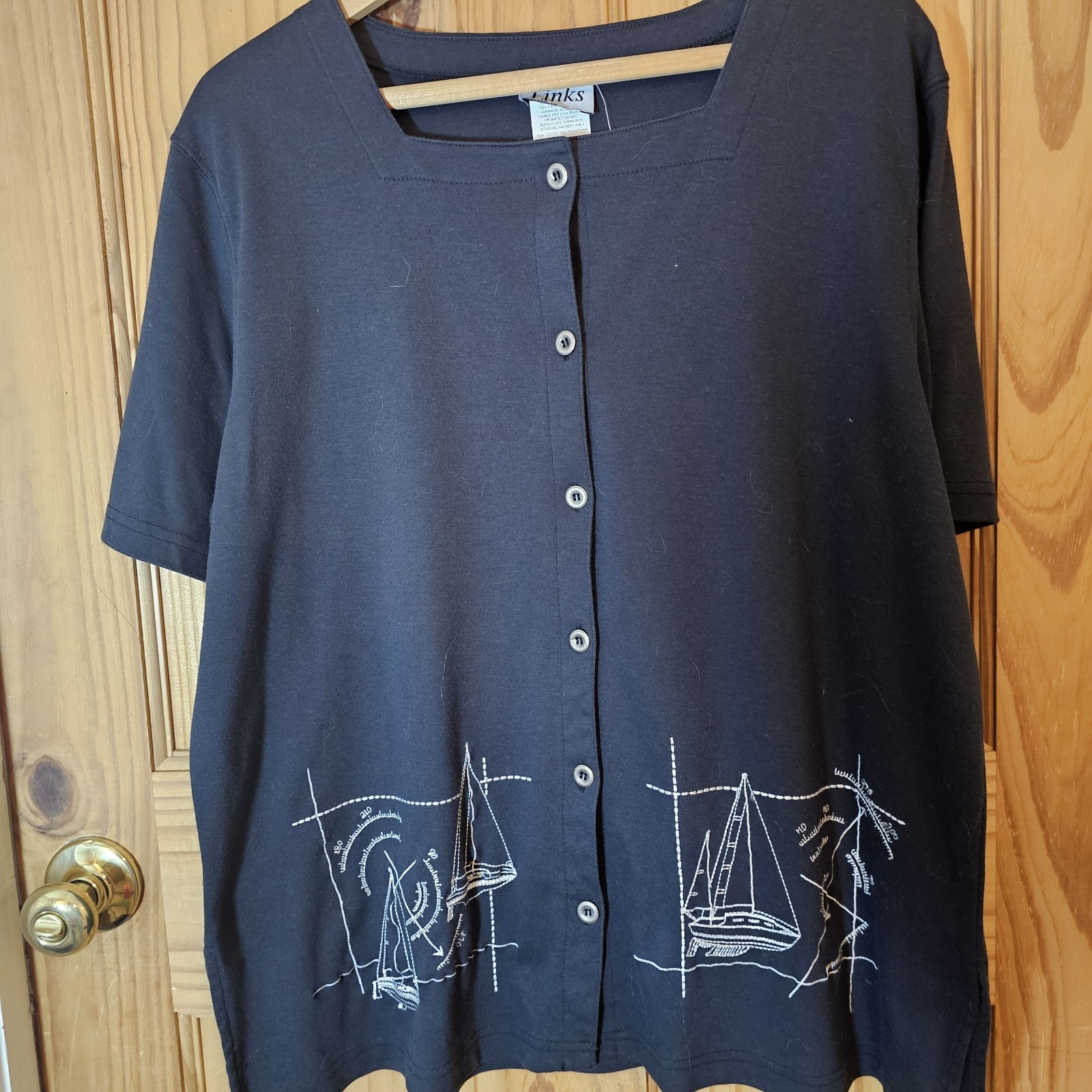 Vintage LINKS Black NAUTICAL Sailing BOAT MARINA Embroidered Button Up Shirt MED