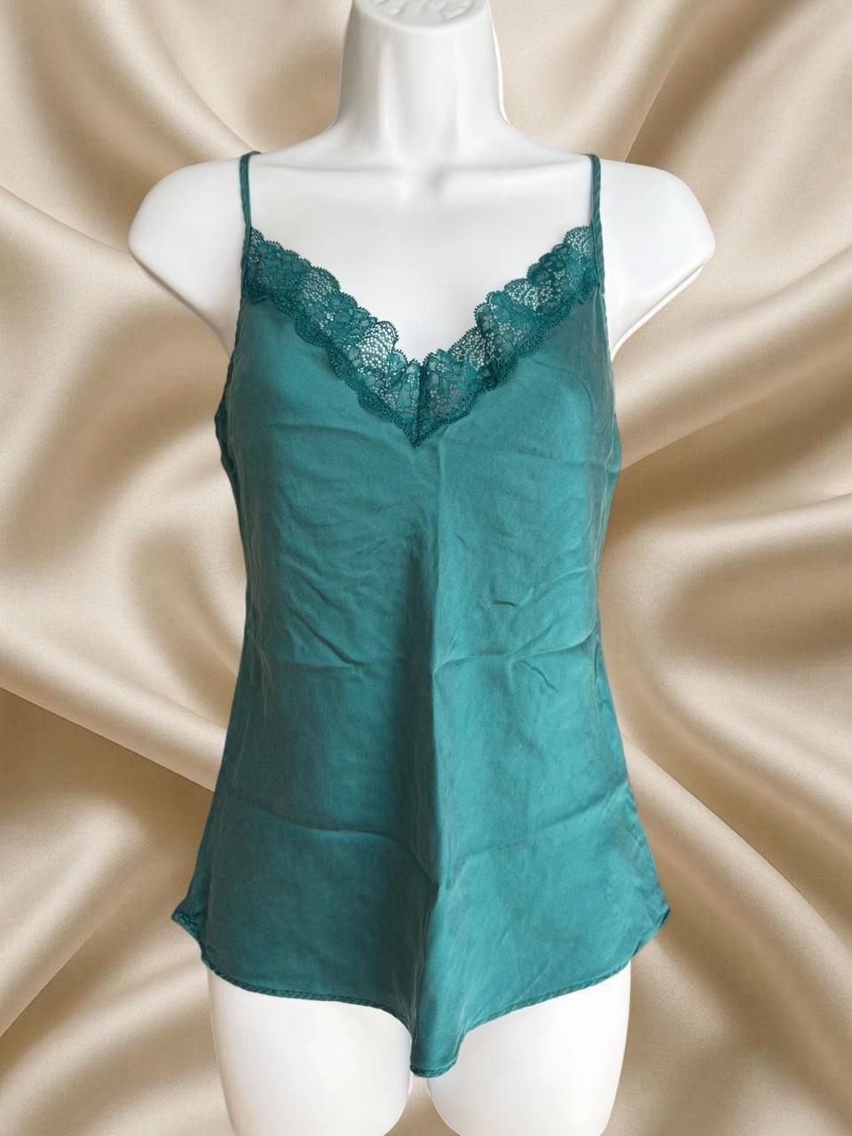Etam 100% Silk Teal Lace Cami Y2K Coquette Euro Balletcore 90s Minimalist Tank M