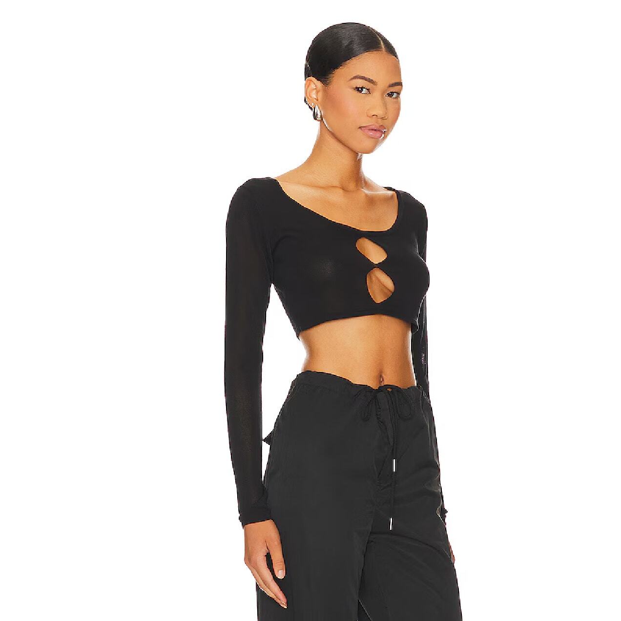 Superdown Jasmina Knit Top Black Crop Cut Out Long Sleeve Scoop Neck Sz S
