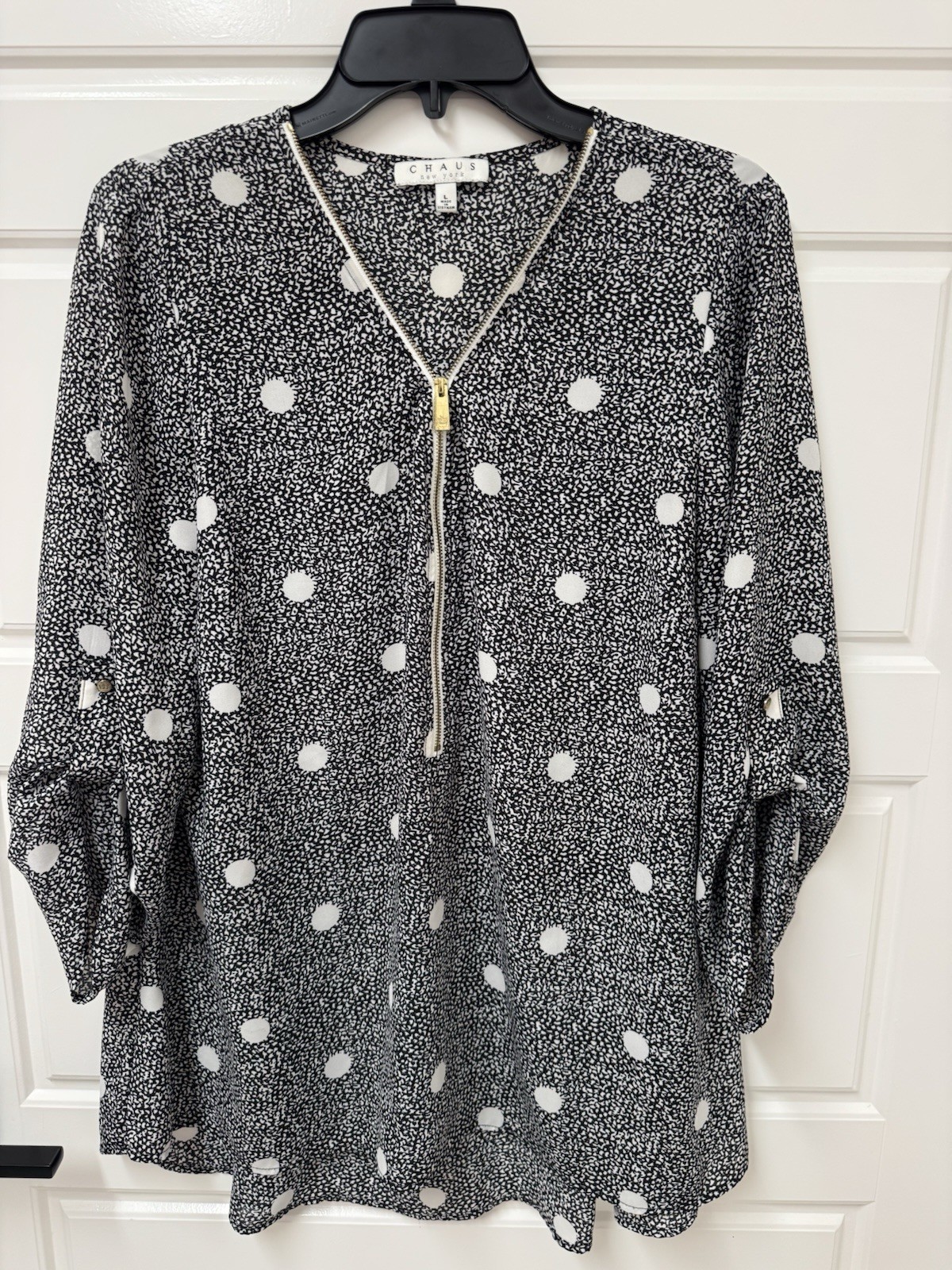 Chaus New York Half Gold Zipper Blouse Classy Flowy Tunic Top Size Large A10