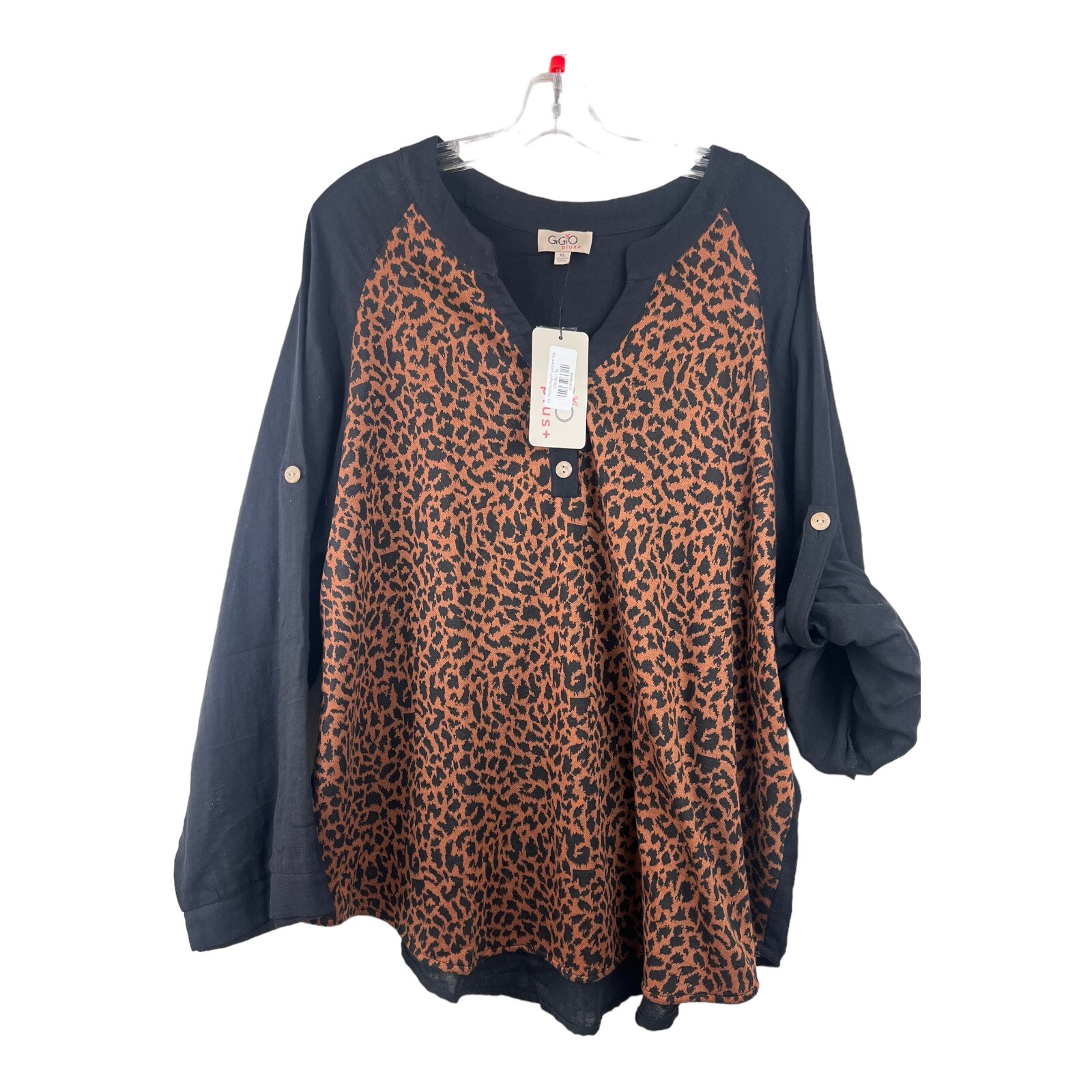 GiGiO Plus Shirts Blouse Top Women XL Leopard Roll Tan Top Brown White