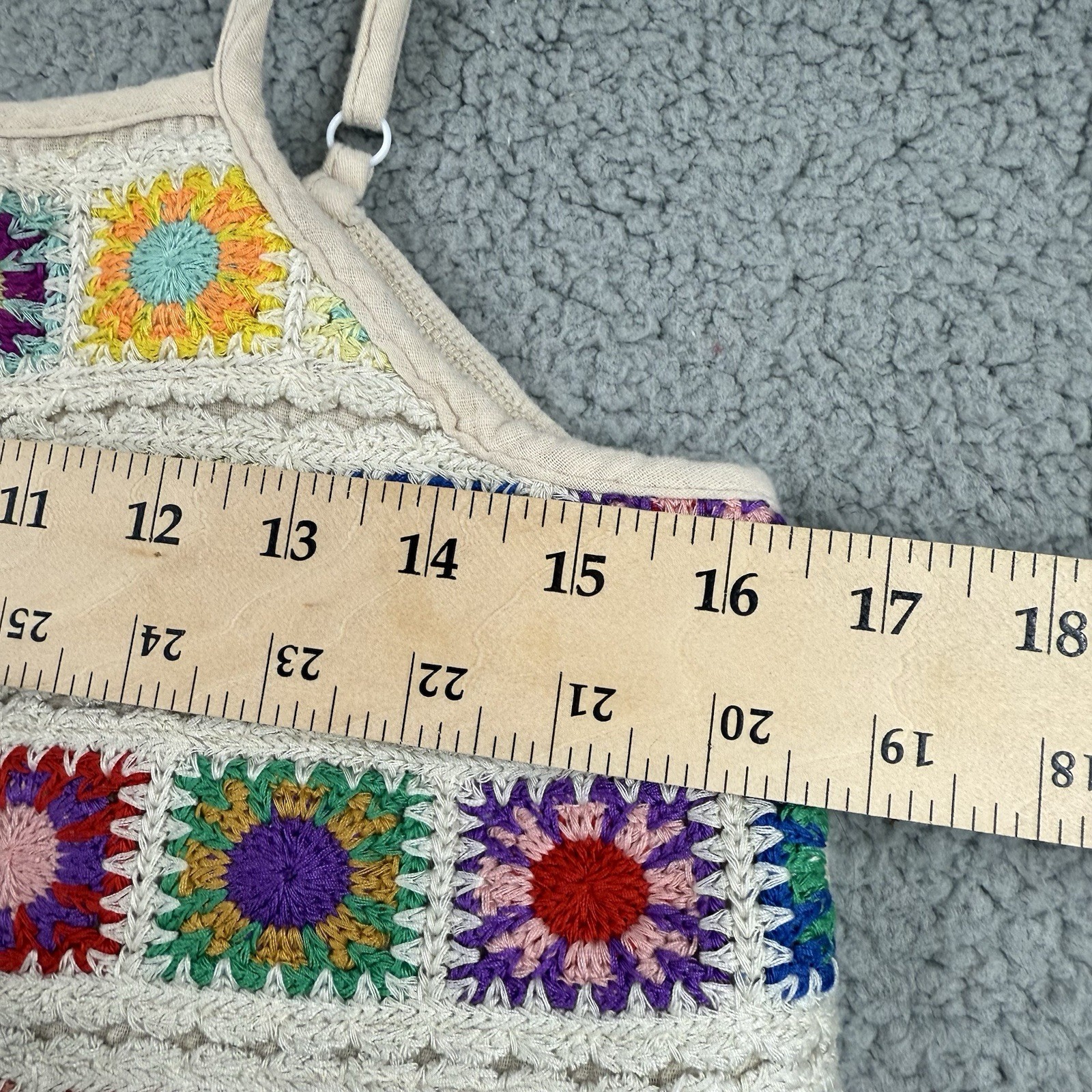 Womens Juniors L Crochet Knit Patterned Crop Top Colorful 70s Hippie Boho