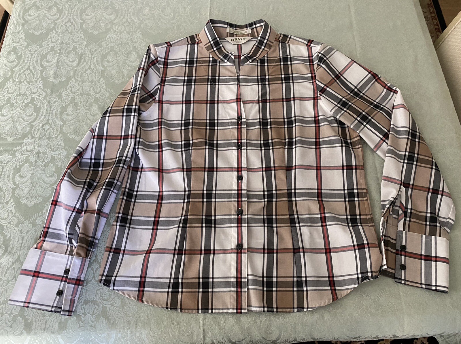 Orvis Women Size 14 Carefree Long Sleeve Plaid Shirt Button-up Stand collar A936