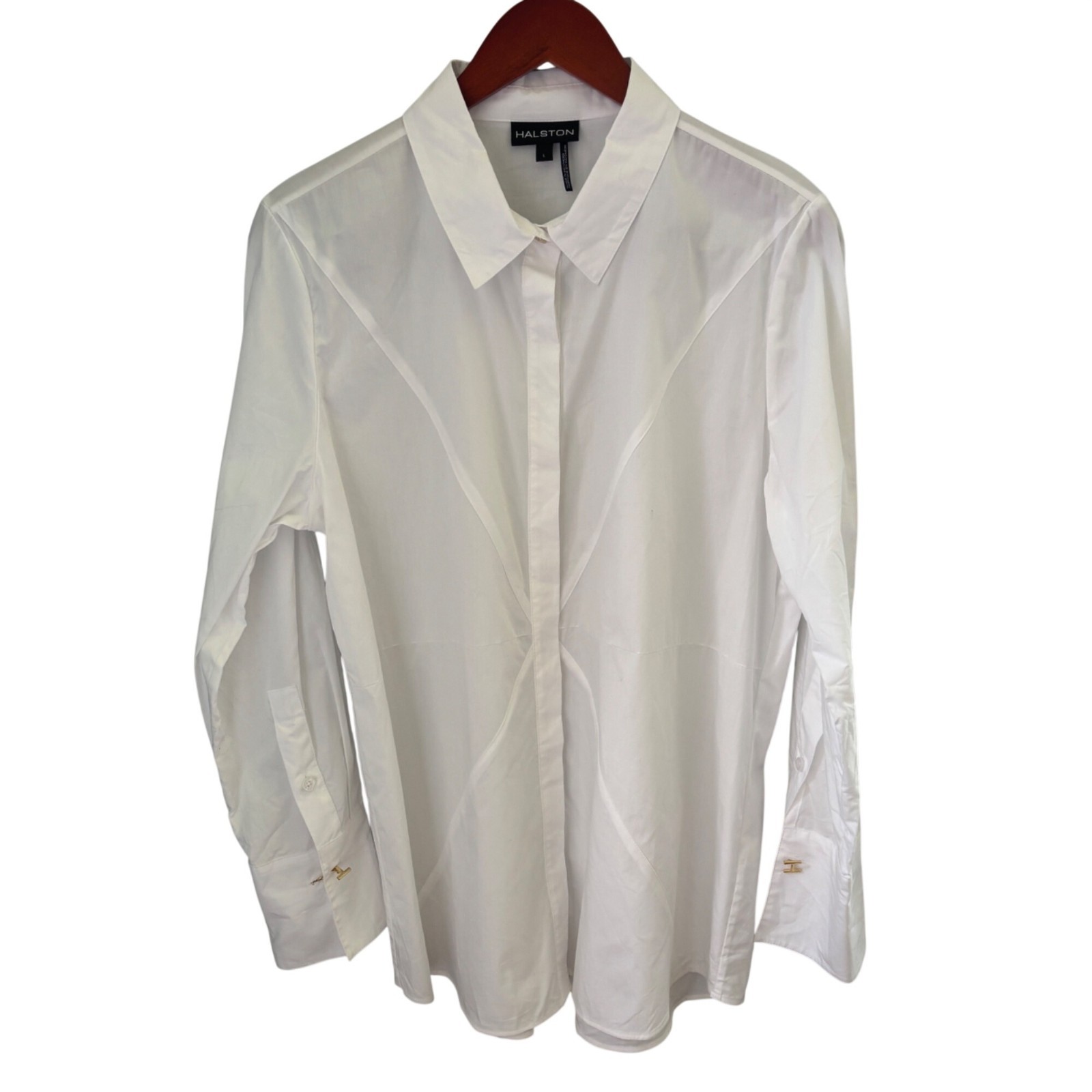 Halston Women White Cotton Star-Seamed Shirt Sz Large Hardware Links Barrel-Cuff