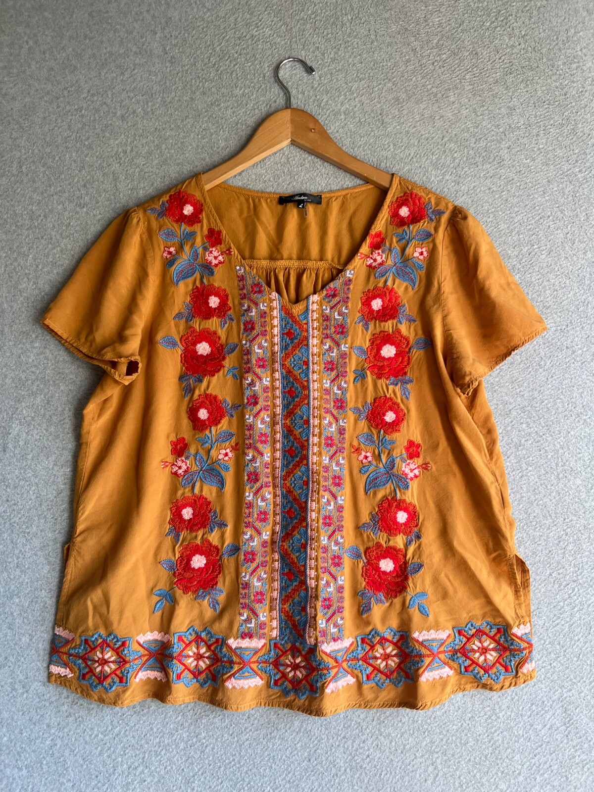 Andree By Unit Top Womens Large Floral Embroidery Boho Peasant Cottagecore