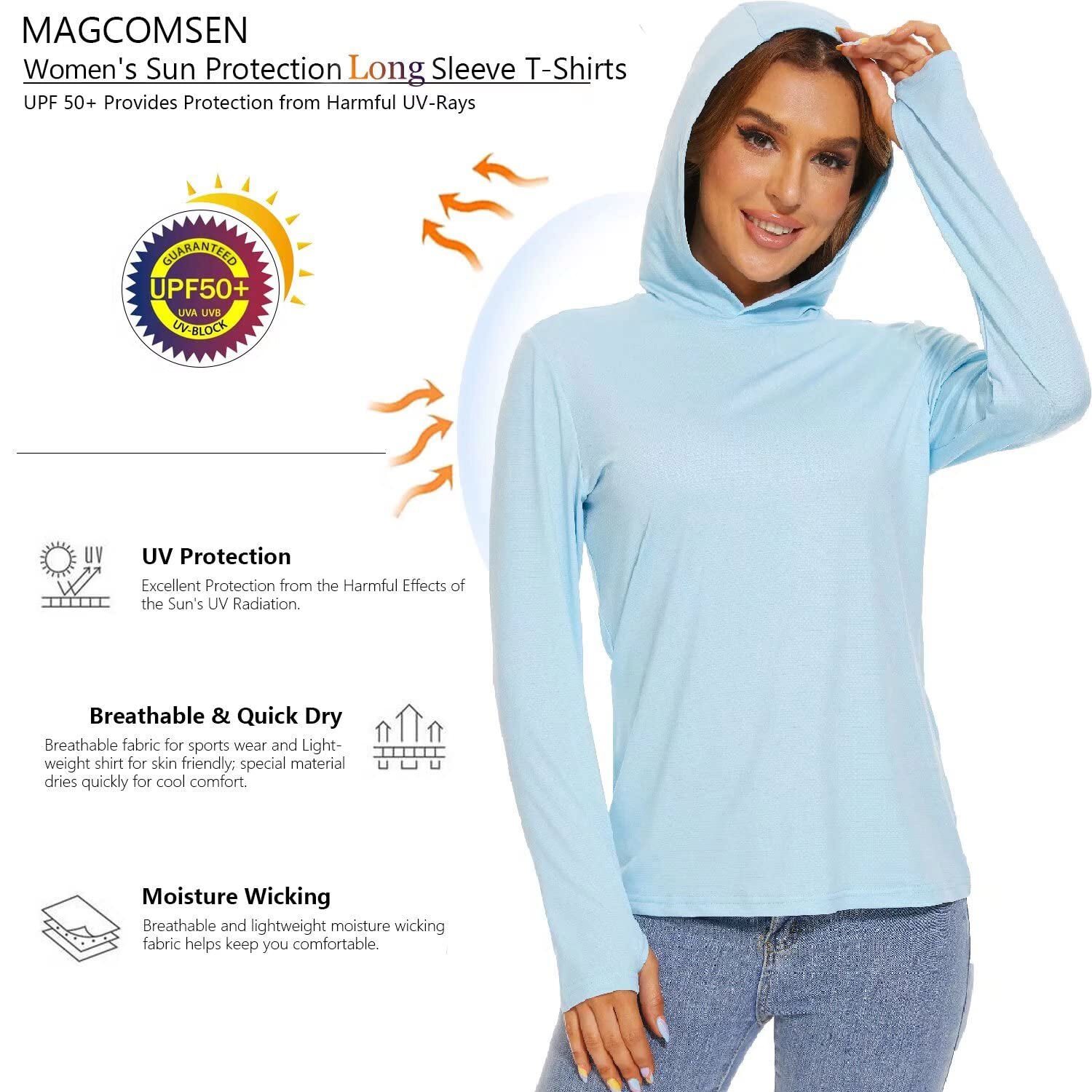 UPF50+ Women’s Casual Hoodie Sun Block Long Sleeve UV Shirts Rash Guard T-Shirts