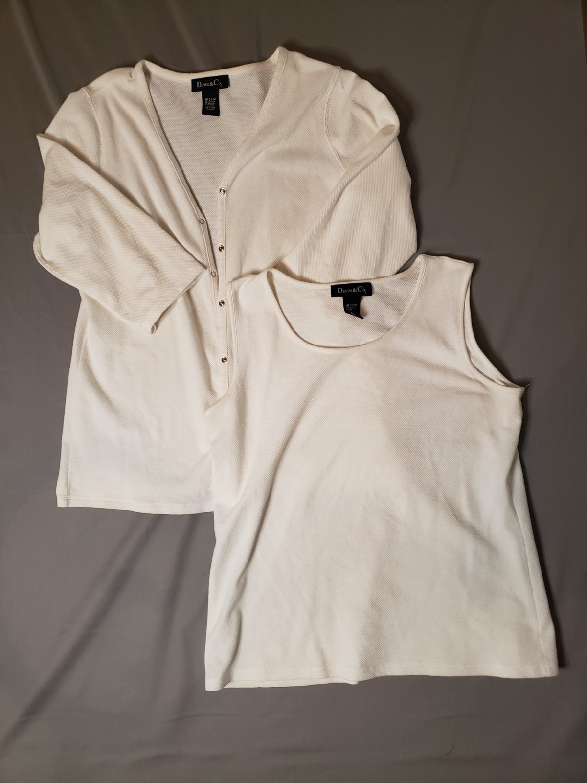 Denim & Co. Womens M White Solid Knit 2-Piece 3/4 Sleeve V-Neck Button Top