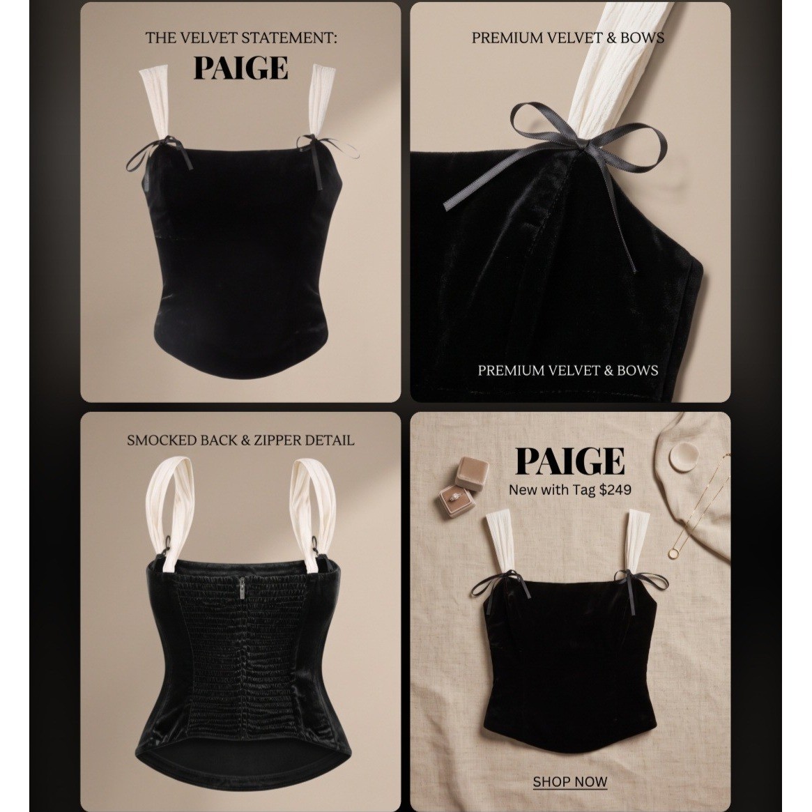 PAIGE Tuli Top Black & White Velvet Bustier Straps Bows Smocked Back Sz 10