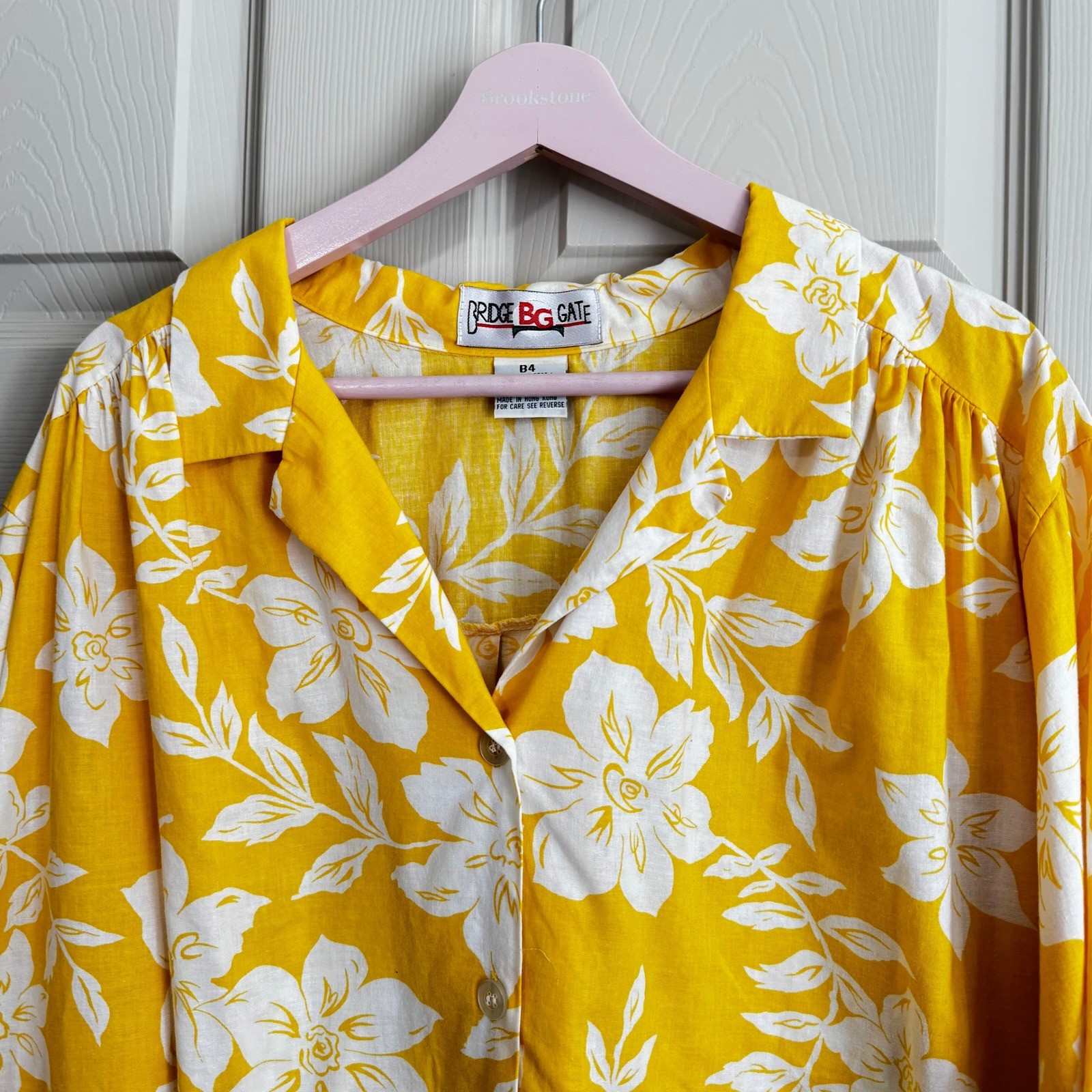 Bridge Gate Yellow White Floral Cotton Button Down Shirt Plus Size B4/3XL Summer