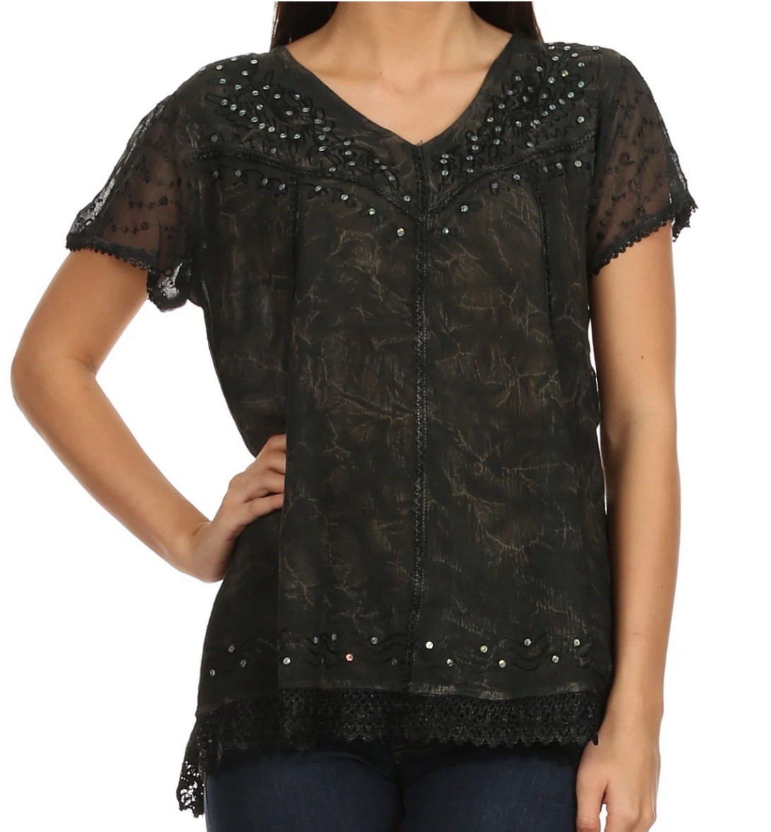 Sakkas Women’s Plus 2X Hope Embroidery & Sequin Accents Cap Crepe Sleeves Blouse