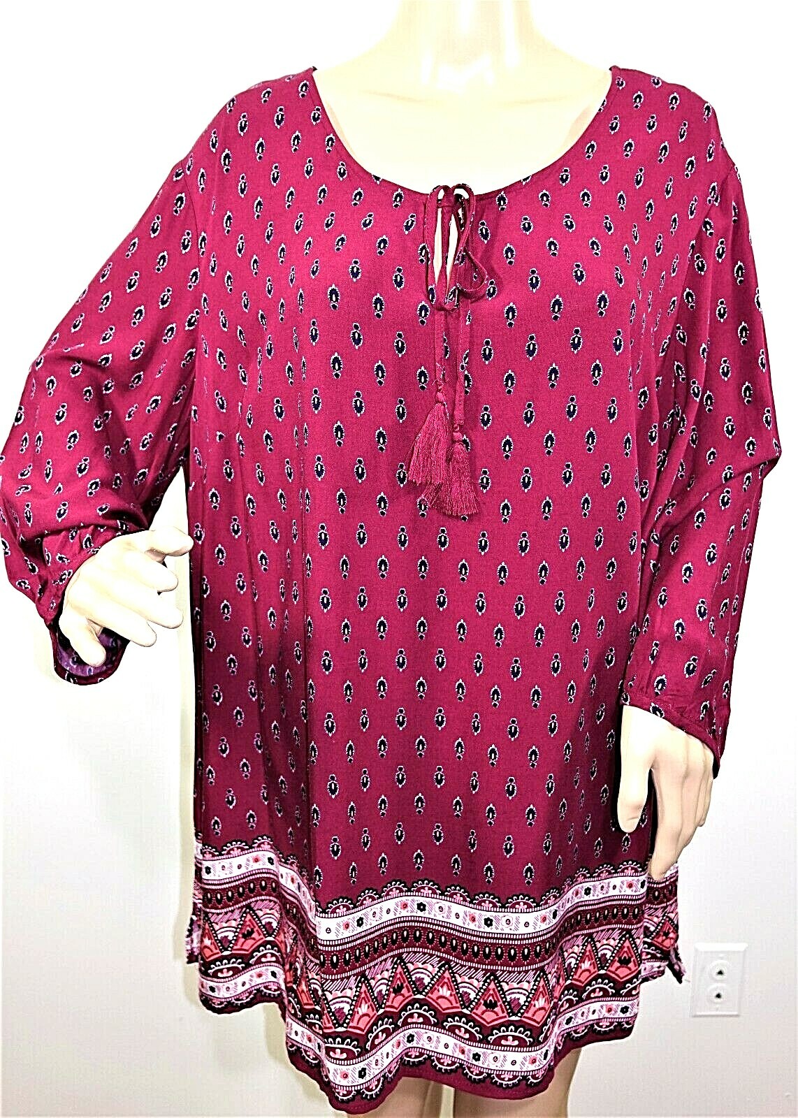 Laura Scott Women Plus Size 1x 2x 3x Burgundy Blue Boho Tunic Top Blouse Shirt