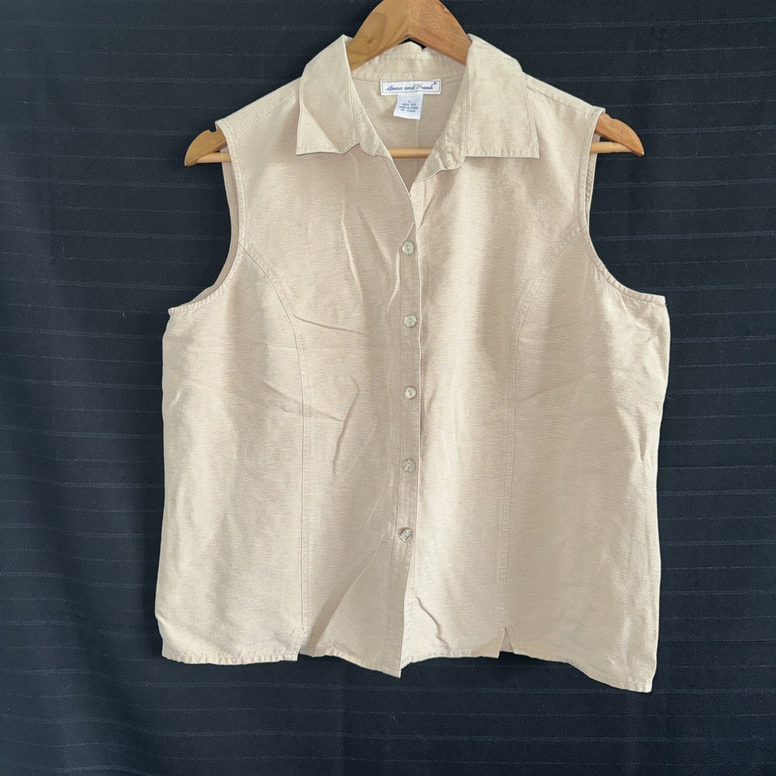 Anna And Frank 100% Silk Tan Sleeveless Button Up Shirt L Blouse Coastal Natural